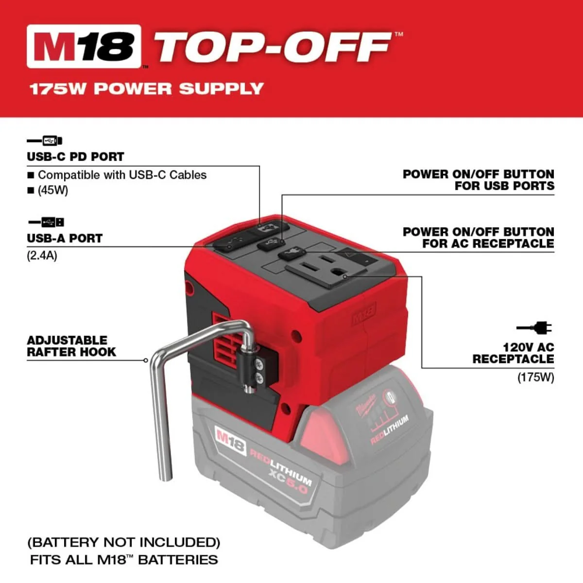 Milwaukee PROMO 2846-20 M18 Top Off 175W Power Supply (PROMO) - Image 3