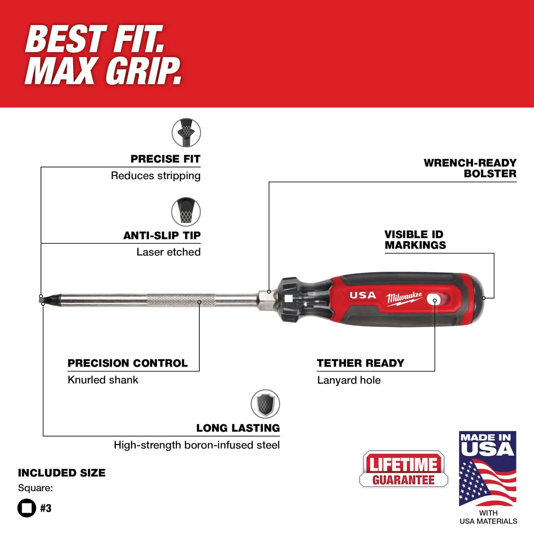 Milwaukee MT219 #3 Square 6" Cushion Grip Screwdriver (Made in the USA) - Image 3