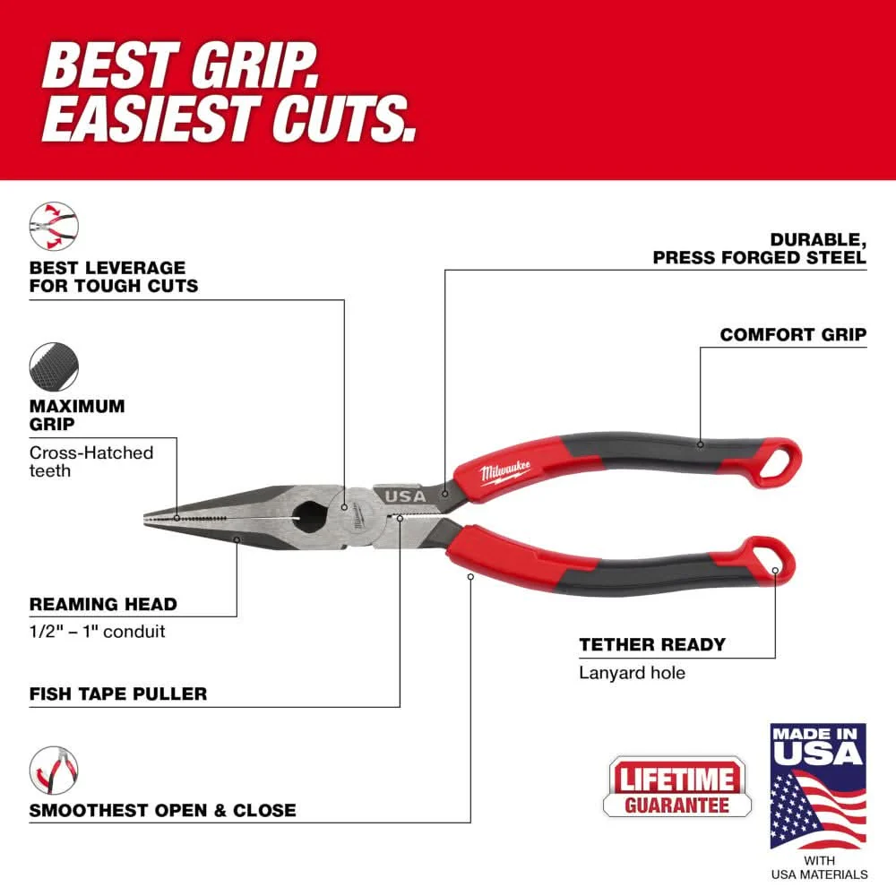 Milwaukee MT555 8" Long Nose Comfort Grip Pliers (Made in the USA) - Image 3