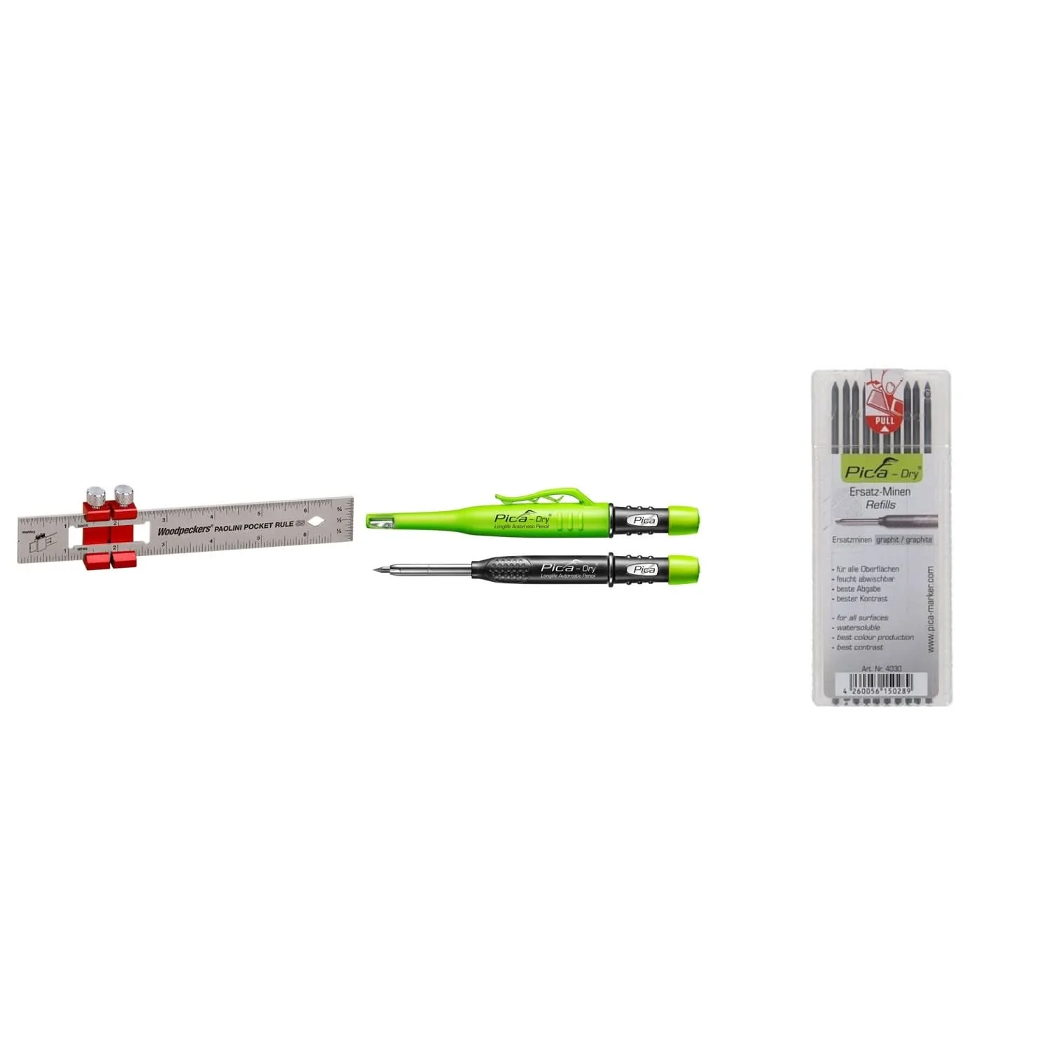 Woodpeckers Paolini Pocket Rule -6 Inch Stainless Steel with Pica Dry 3030 & Black Lead Refill - Image 1
