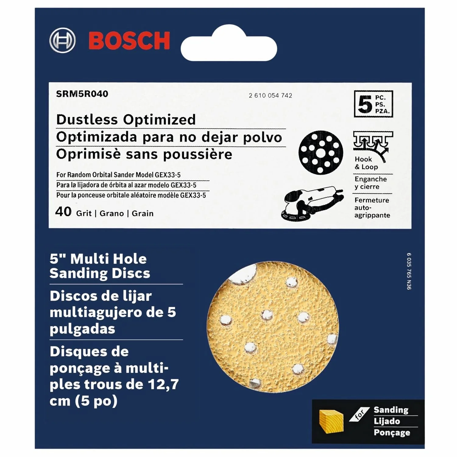 Bosch SRM5R040 5-Piece 40 Grit 5-Inch Multi-Hole Hook-And-Loop Sanding Discs - Image 2