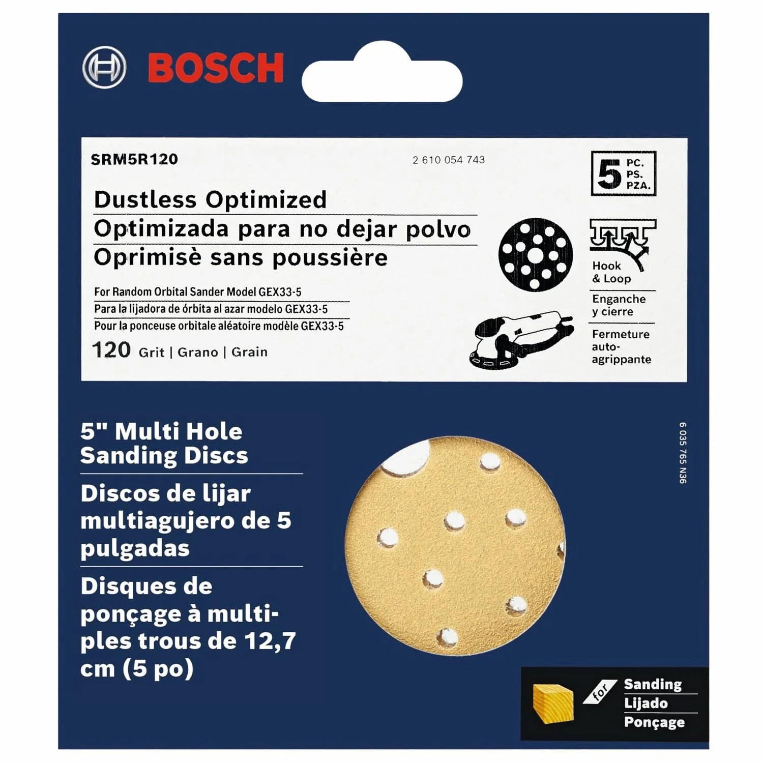 Bosch SRM5R120 5-Piece 120 Grit 5-Inch Multi-Hole Hook-And-Loop Sanding Discs - Image 2