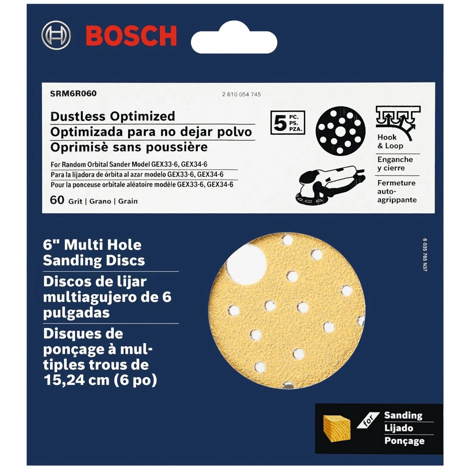 Bosch SRM6R060 5-Piece 60 Grit 6-Inch Multi-Hole Hook-And-Loop Sanding Discs - Image 2