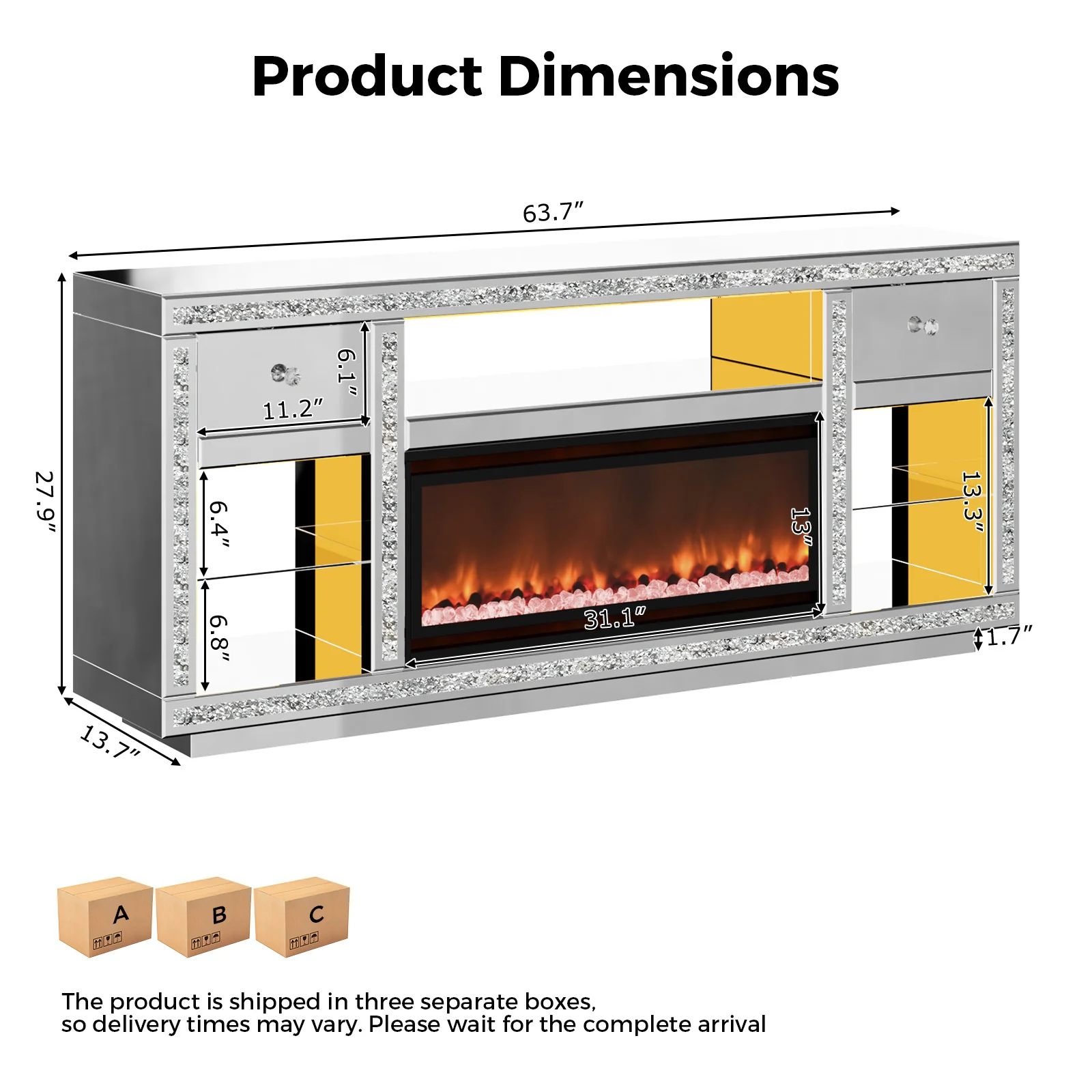 Advwin Mirrored TV Stand with Simulated Fireplace - Image 2