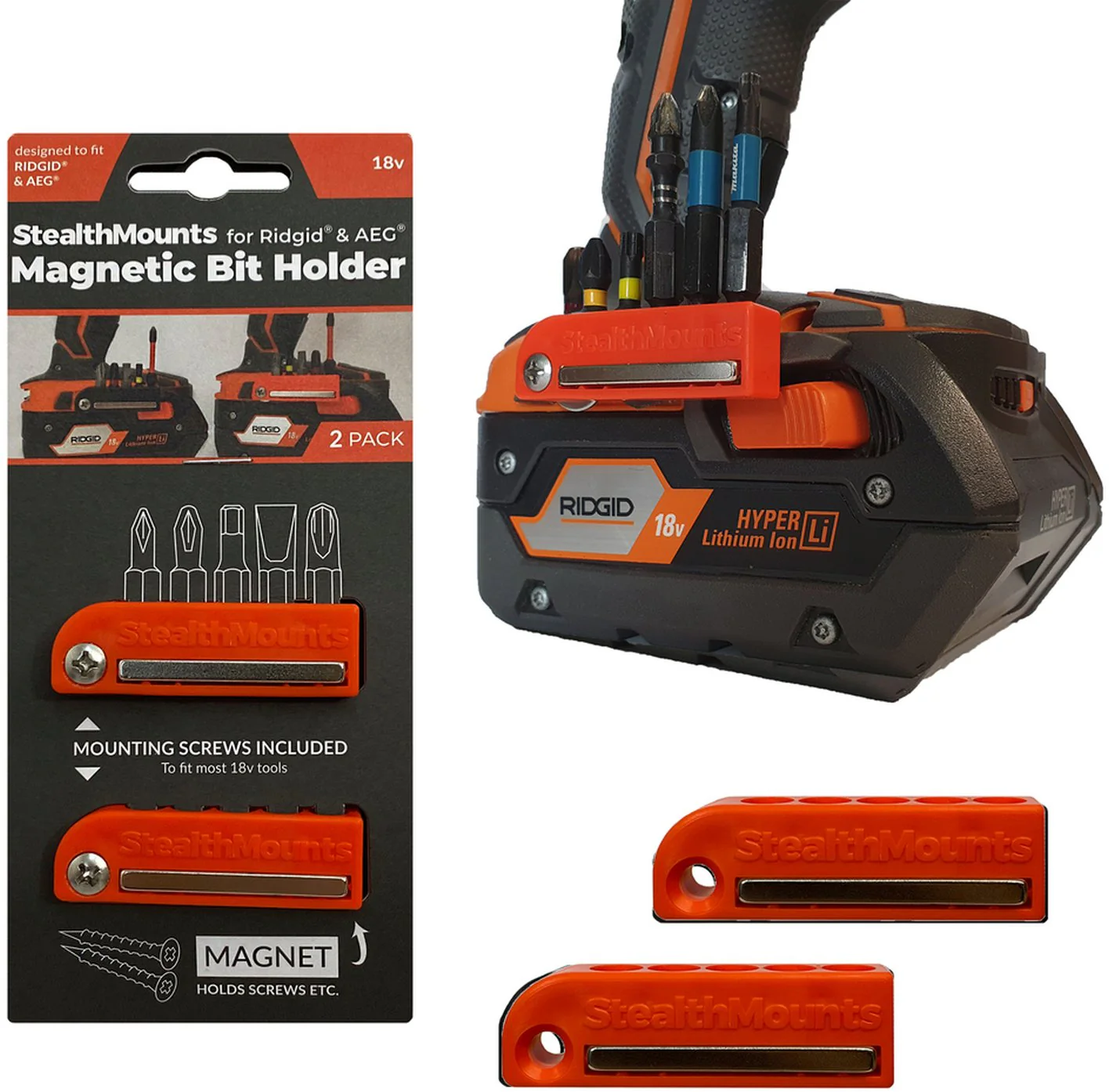 StealthMounts Magnetic Bit Holder for AEG & Ridgid 18V Tools, 2-Pack - Image 2