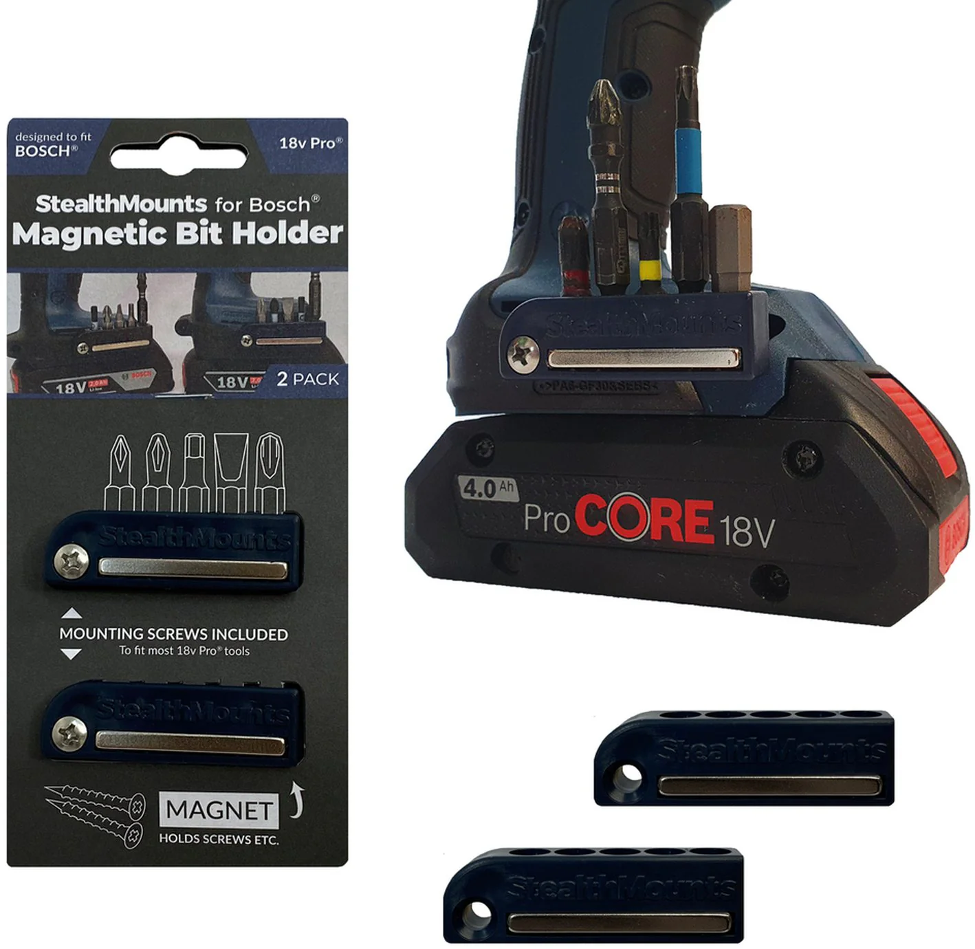 StealthMounts Magnetic Bit Holder for Bosch ProCore & Professional Tools Blue, 2-Pack