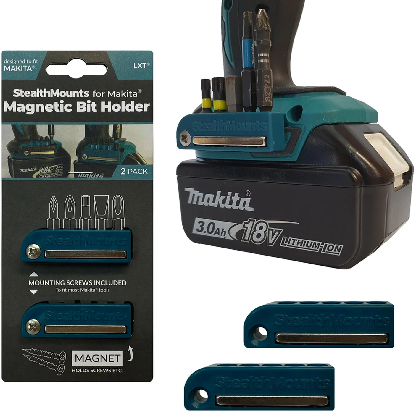 StealthMounts Magnetic Bit Holder for Makita LXT & XGT Tools Blue, 2-Pack - Image 1