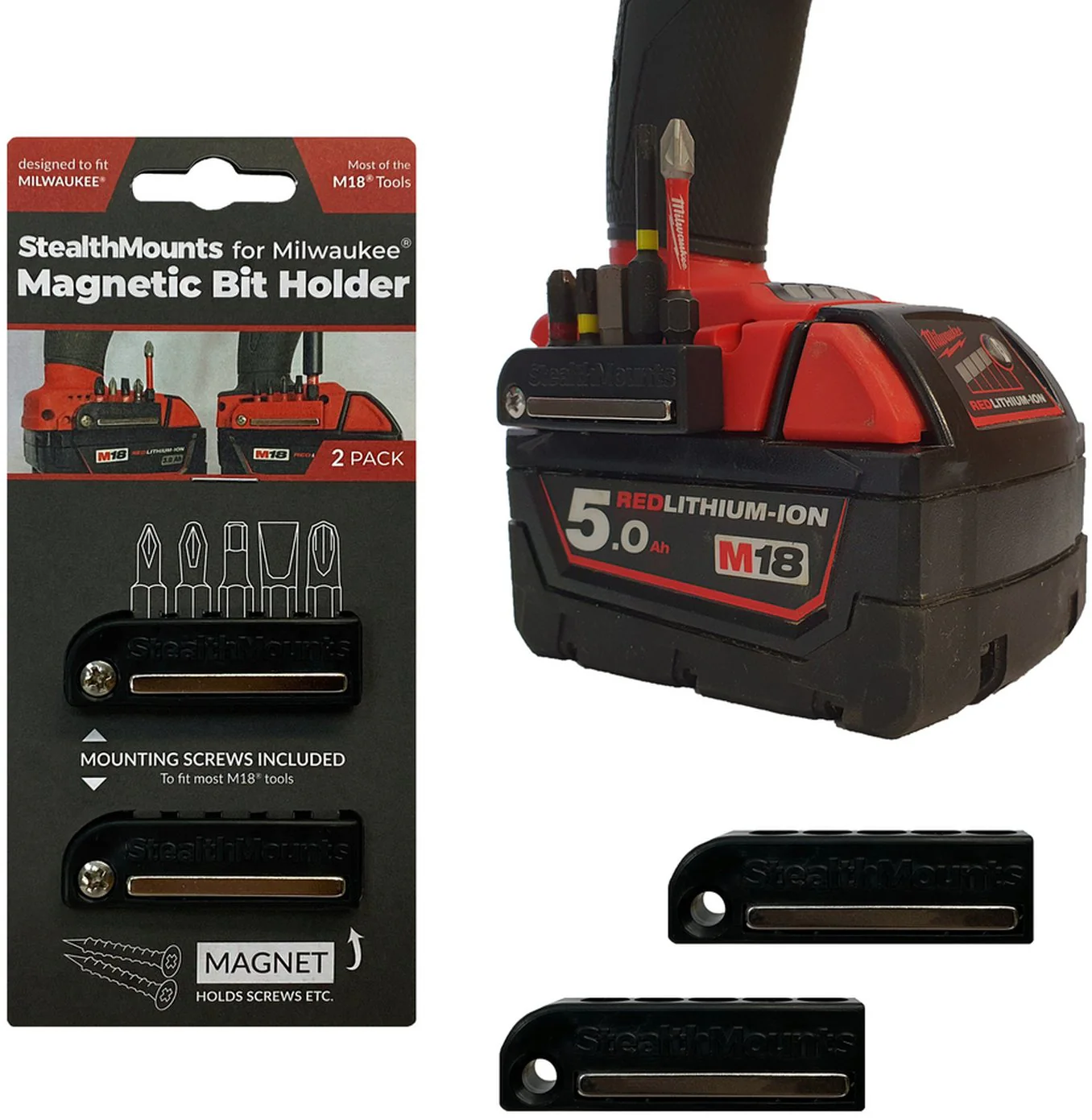 StealthMounts Magnetic Bit Holder for Milwaukee M18 Tools, 2-Pack - Image 1