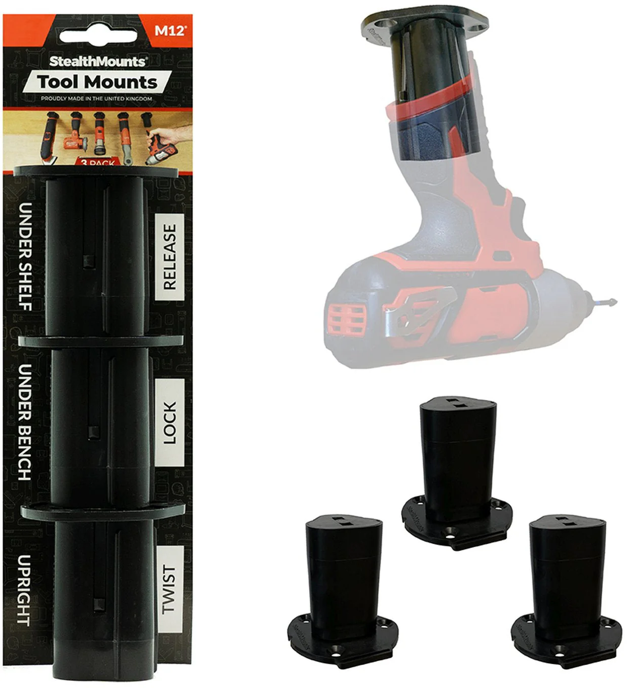 StealthMounts Tool Mounts for Milwaukee M12 Black, 3-Pack