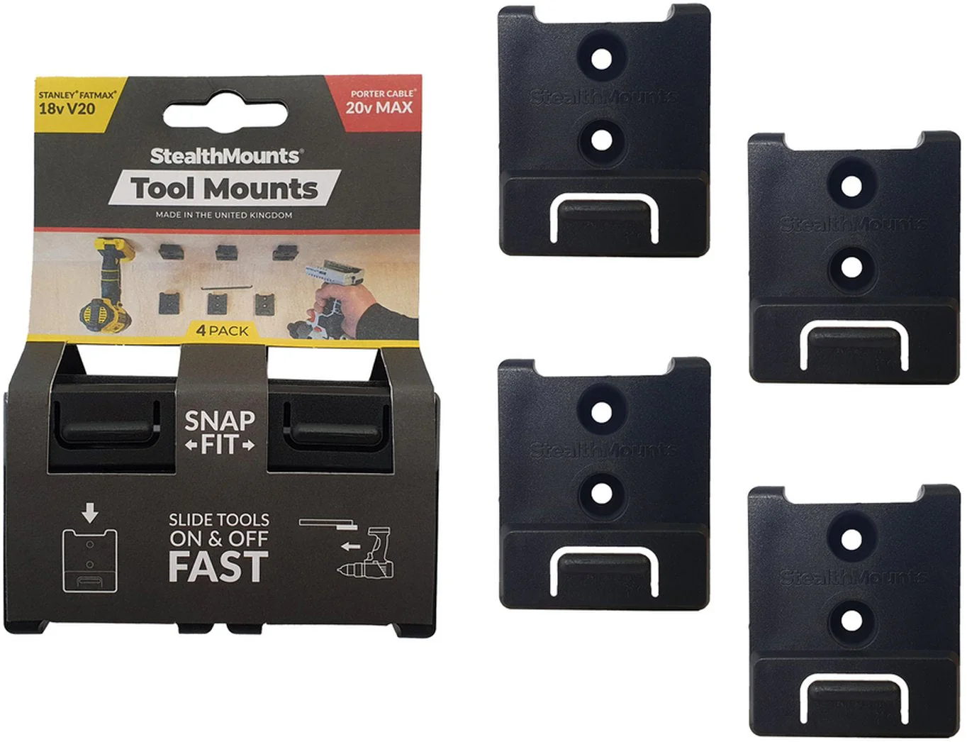 StealthMounts Tool Mounts for Stanley Fat Max, Porter Cable 18V Black, 4-Pack - Image 1