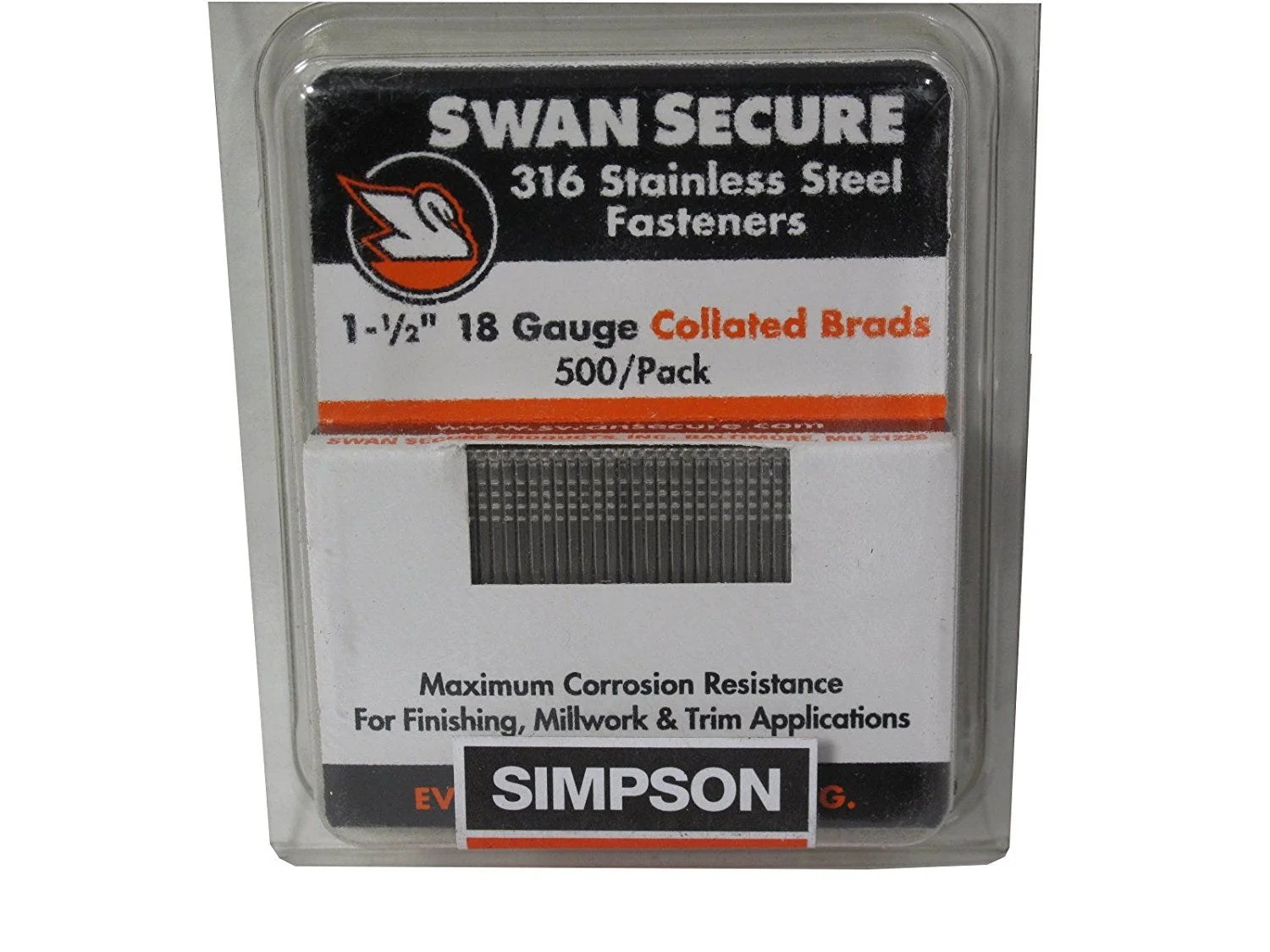 Swan Secure T18N150FNB Stainless Steel 1-1/2" 18 Gauge Nails, 500-Pack - Image 1