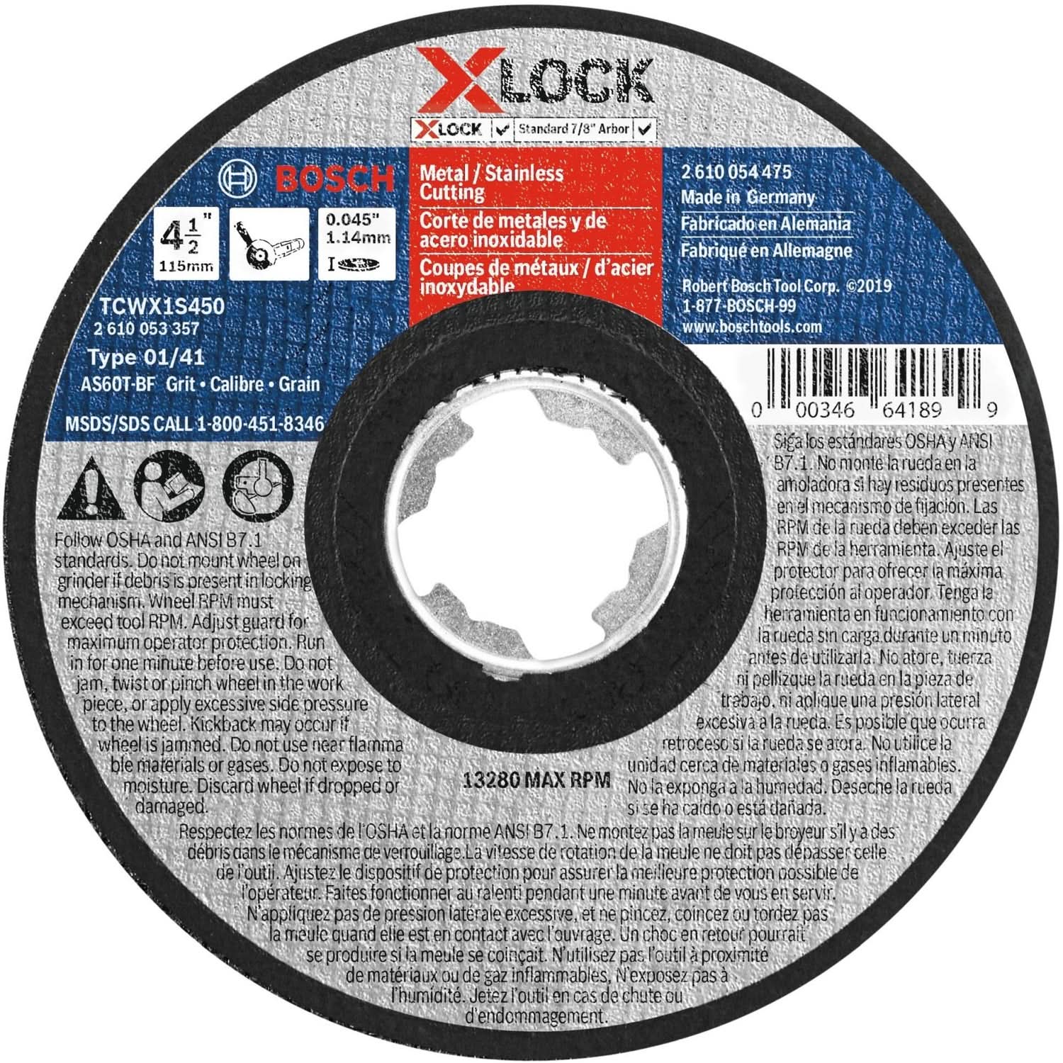 Bosch TCWX1S450 X-Lock Thin Metal & Stainless Steel Cutting T1 Heavy Duty 4-1/2 x .045″ Wheel