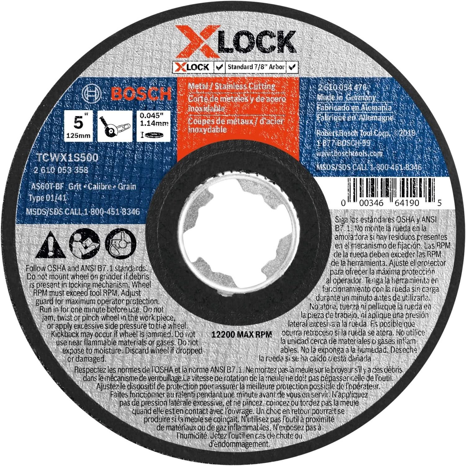 Bosch TCWX1S500 X-Lock Thin Metal & Stainless Steel Cutting T1 Heavy Duty 5″ x .045″ Wheel