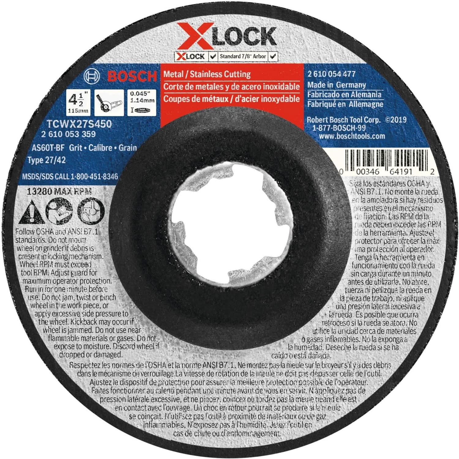 Bosch TCWX27S450 X-Lock Thin Metal & Stainless Steel Cutting T27 Heavy Duty 4-1/2 x .045″ Wheel