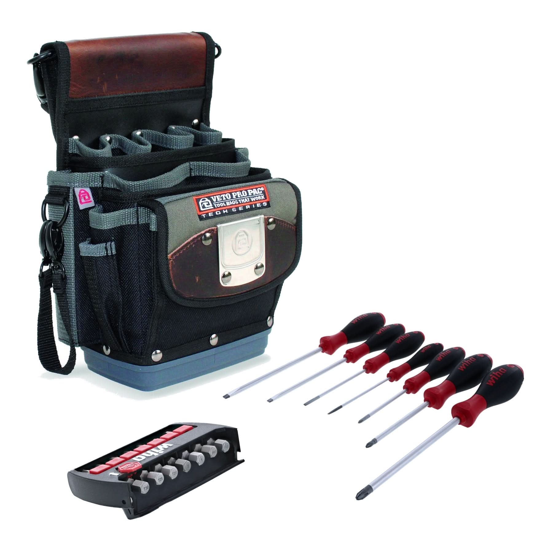 Veto Pro Pac TP4B Clip On Tool Pouch with WIHA 7-Piece SoftFinish Screwdriver Set and 7-Piece TerminatorBlue 2-in. Impact Bit Set - Image 1