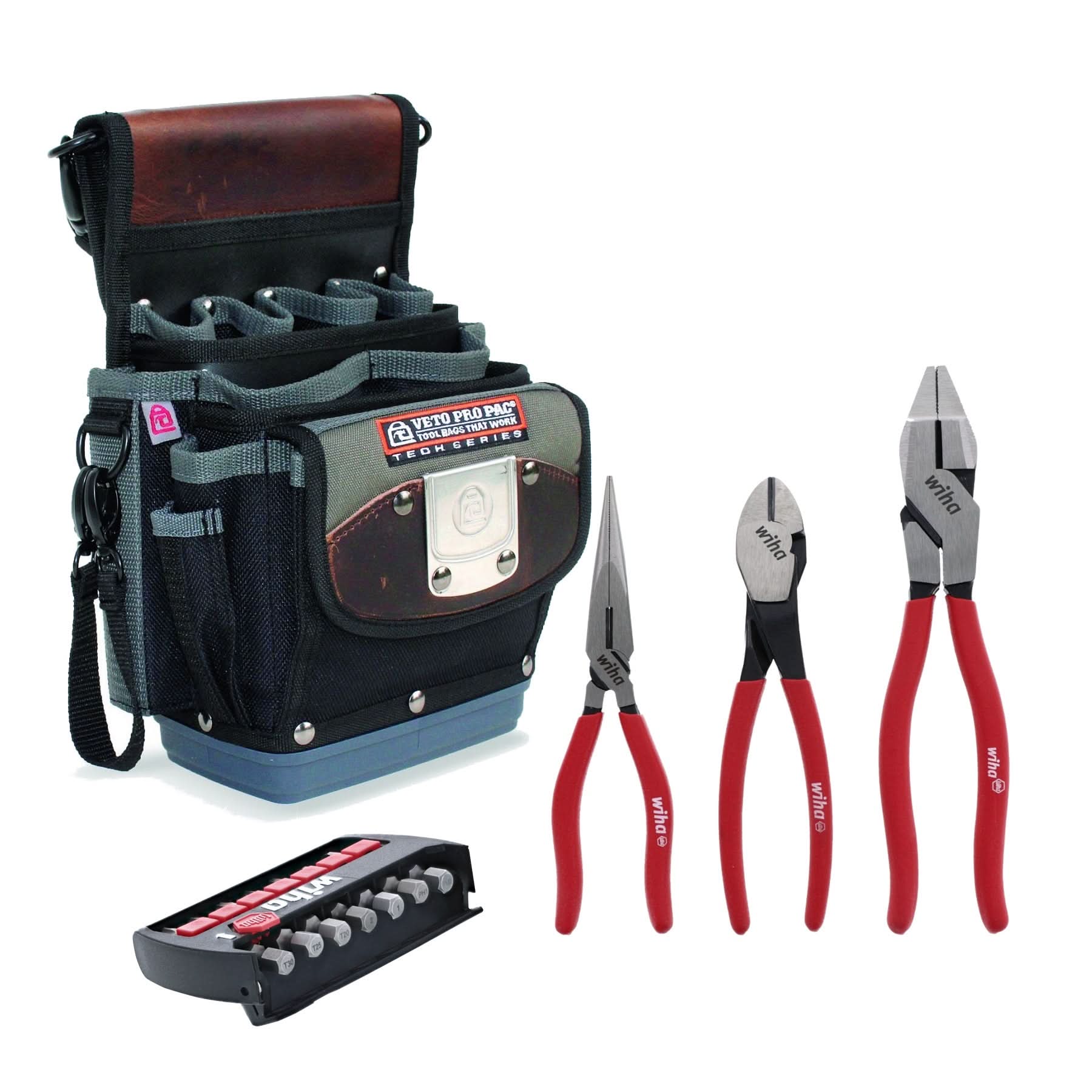 Veto Pro Pac TP4B Clip On Tool Pouch with WIHA 3-Piece Classic Grip Plier/Cutter Set and 7-Piece TerminatorBlue 2-in. Impact Bit Set - Image 1