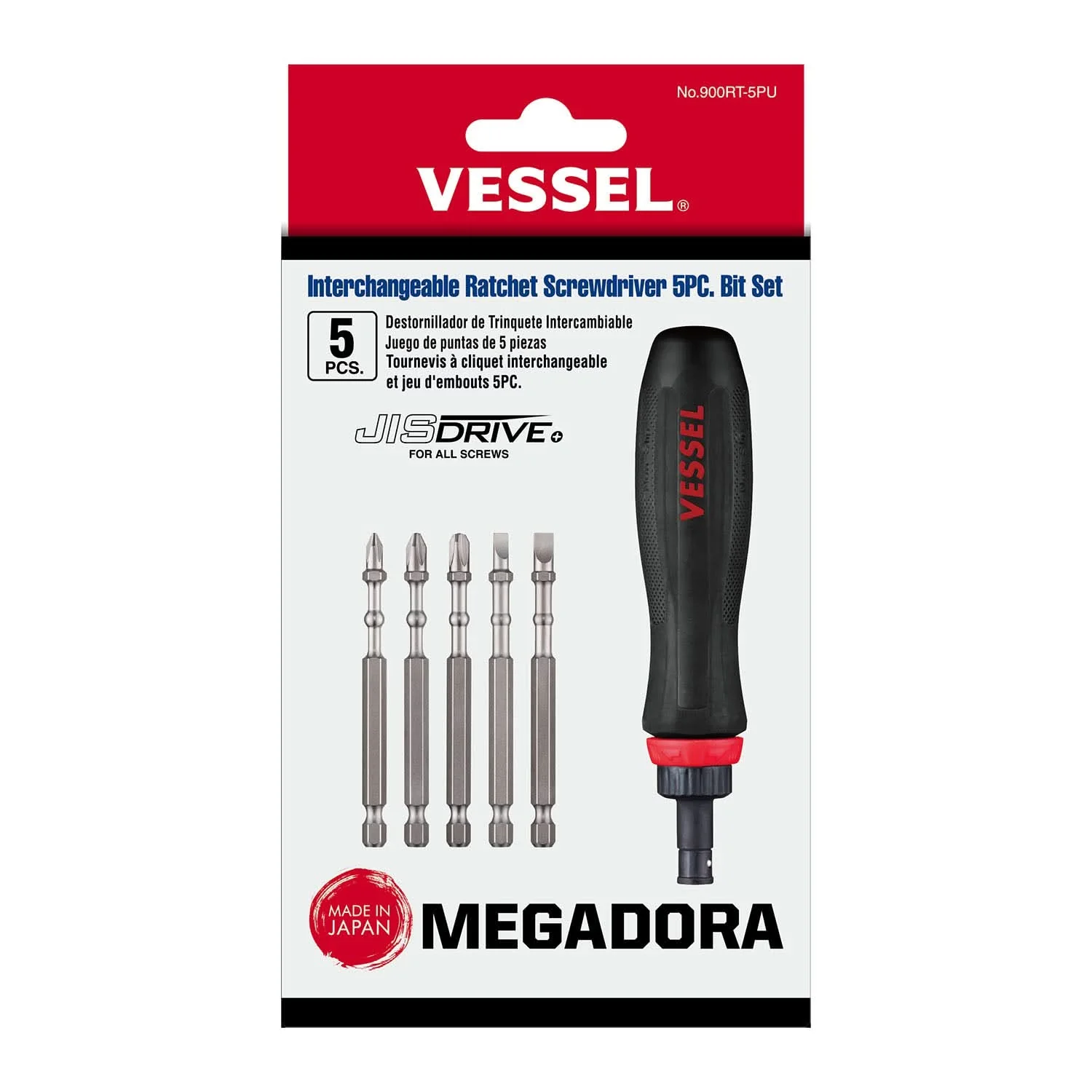 Vessel 900RT5PU MEGADORA Interchangeable Ratchet Screwdriver 5-Piece Bit Set - Image 1