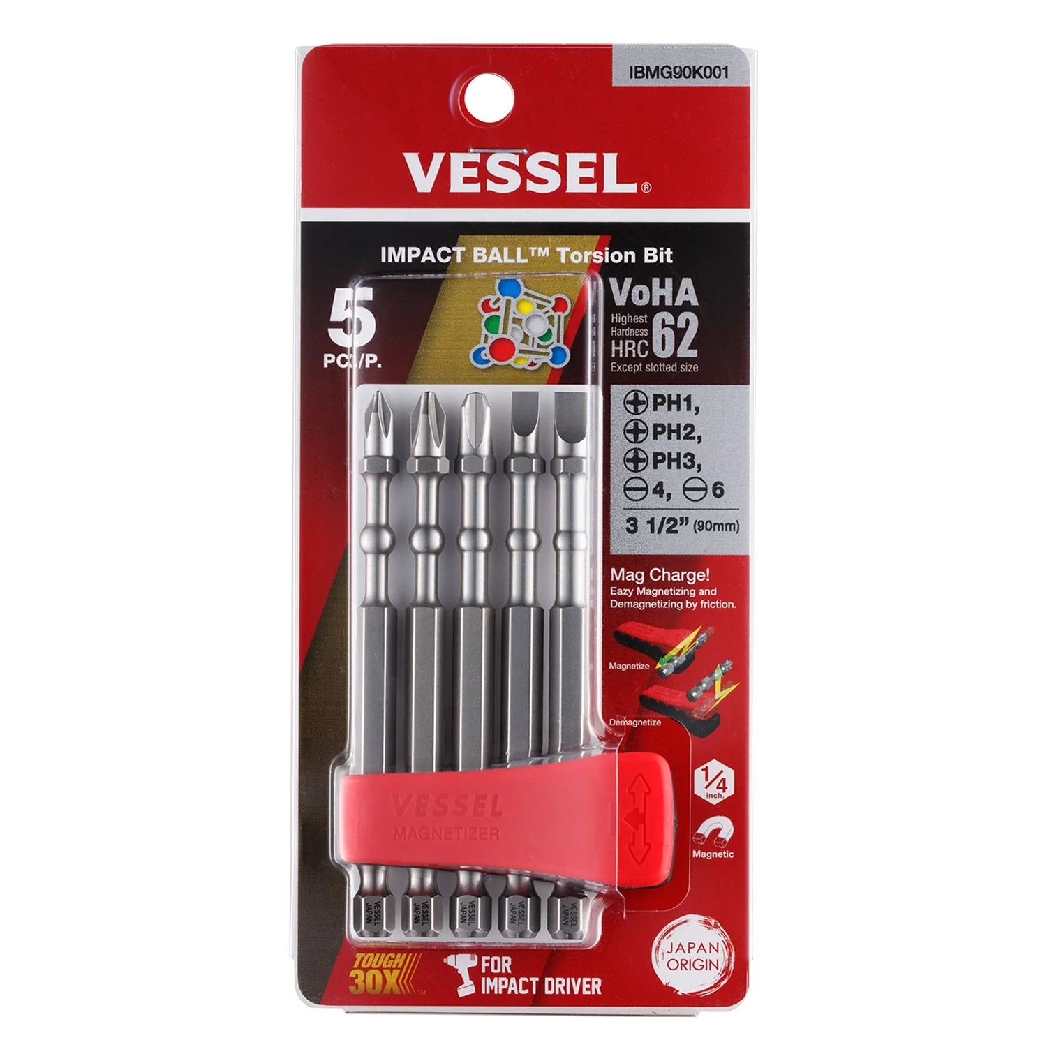 Vessel IBMG90K001 IMPACT BALL Torsion Bit with Mag Charge Holder - Image 1