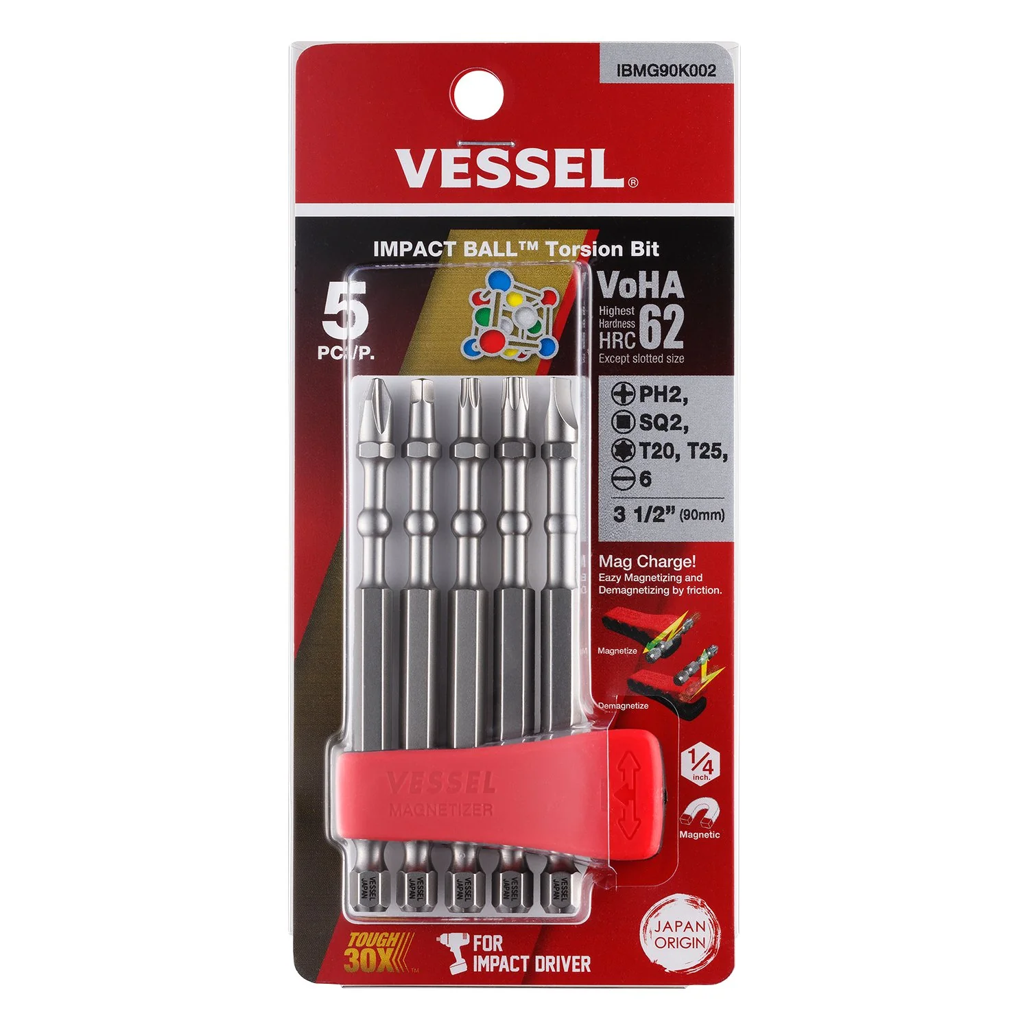 Vessel IBMG90K002 IMPACT BALL Torsion Bit with Mag Charge Holder - Image 1