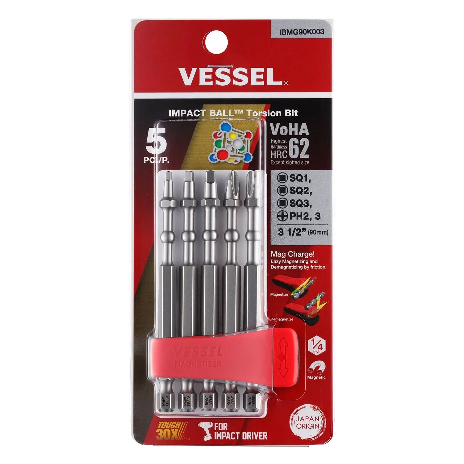 Vessel IBMG90K003 IMPACT BALL Torsion Bit with Mag Charge Holder - Image 1