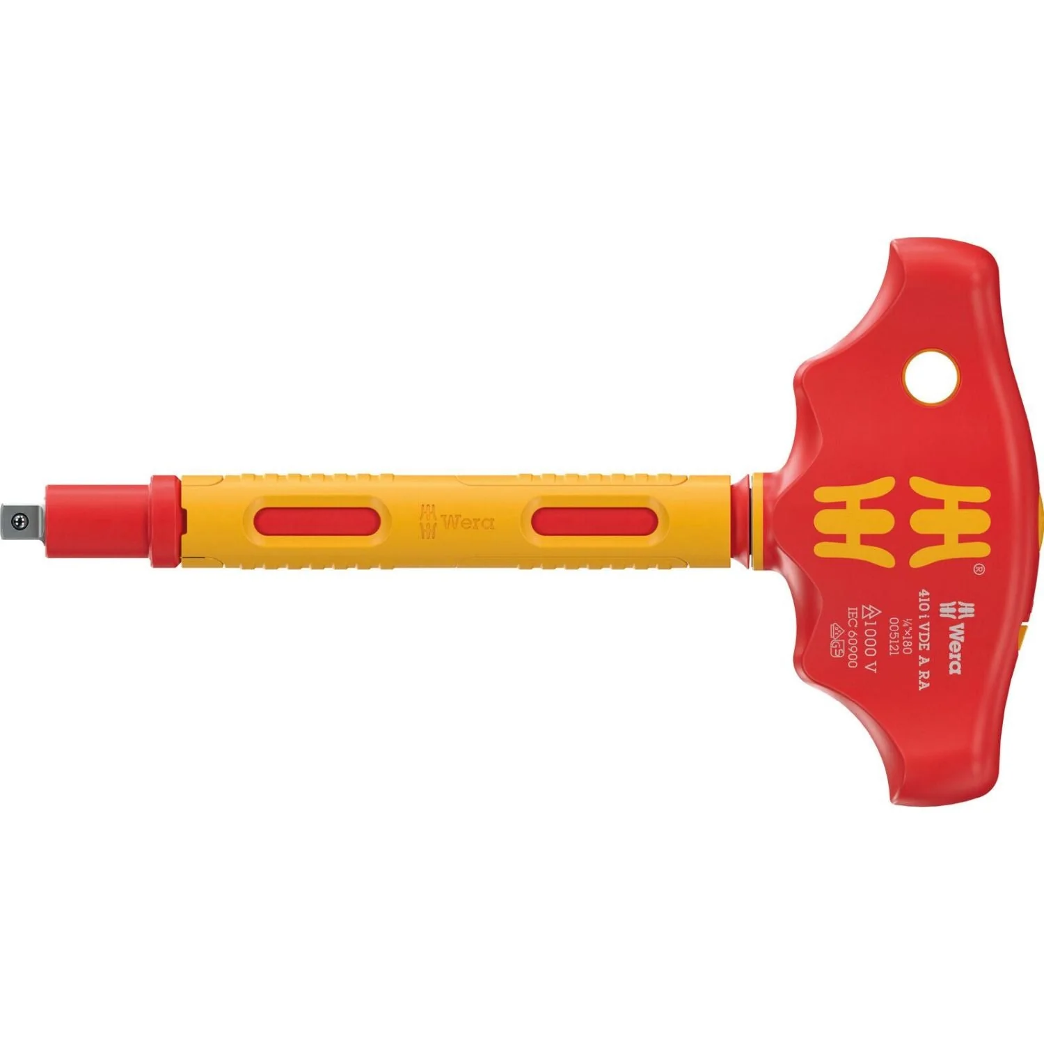 Wera 410 I VDE A Ra Vde-insulated T-Handle Adapter Screwdriver With Ratchet Functionality For 1/4-in. Sockets, 1/4-in.x130-mm. - Image 1
