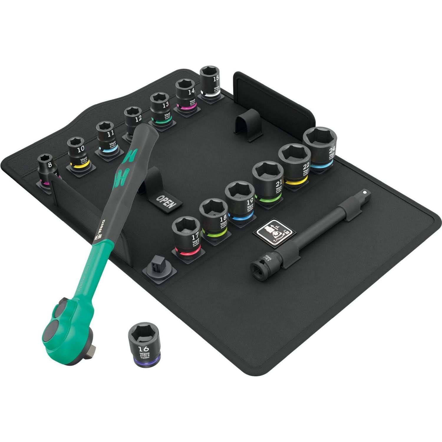 Wera 8100 SB 12 Zyklop Comfort Ratchet Set, Reversing Lever, 3/8-in. Drive, Metric, 16-Pieces - Image 1