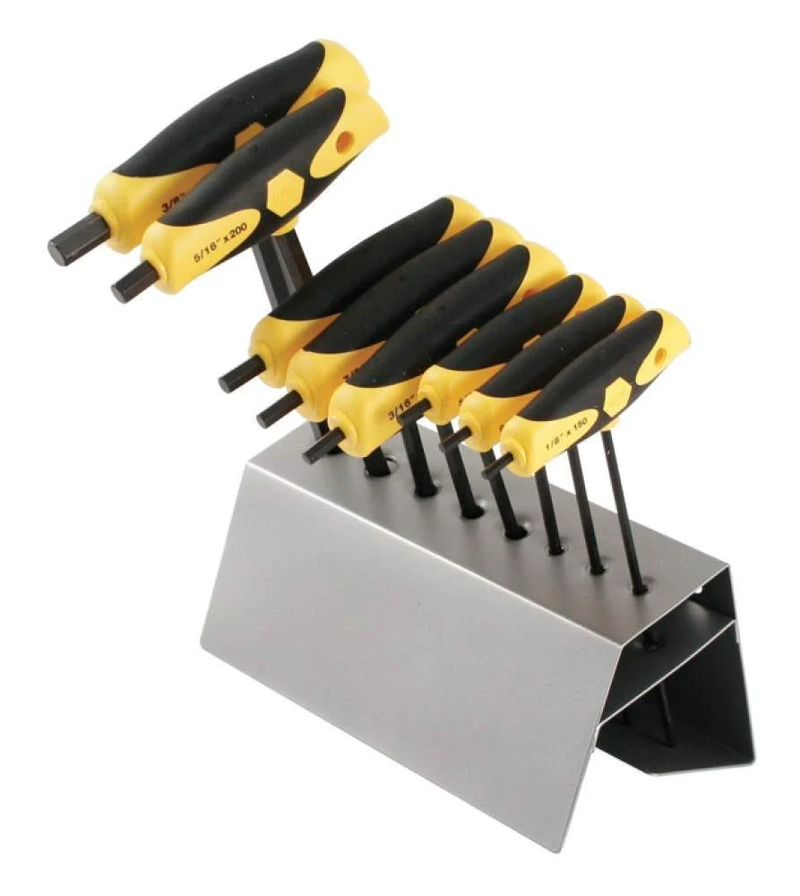 Wiha 33499 Soft Grip Dual Drive Ball End Hex T-Handle Inch Black Finish 8 Piece Set in Metal Stand - Image 1