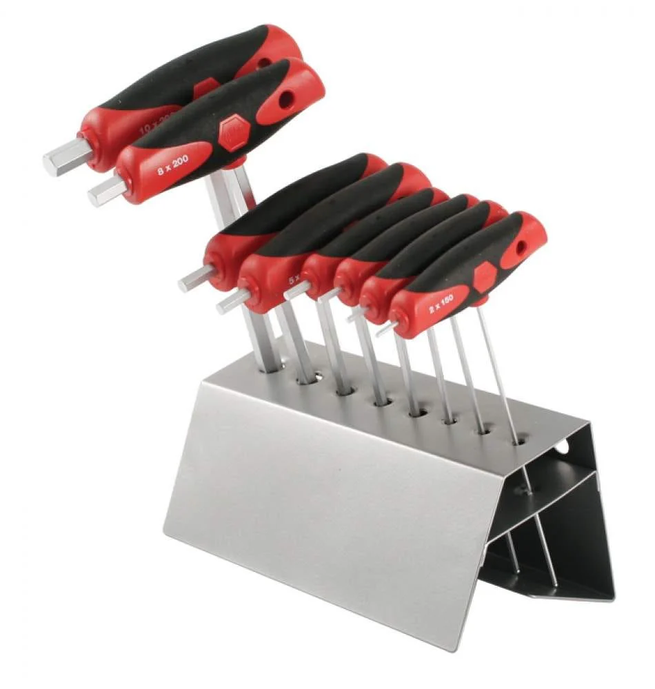 Wiha 54092 Soft Grip Dual Drive Ball End Hex T-Handle Metric Chrome Finish 8 Piece Set in Metal Stand - Image 1