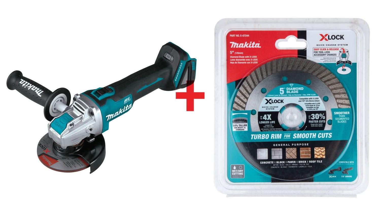 Makita 18V LXT Lithium-Ion Brushless Cordless 4-1/2 / 5-Inch X-LOCK Angle Grinder plus 5-Inch Turbo Rim Diamond Blade - Image 2