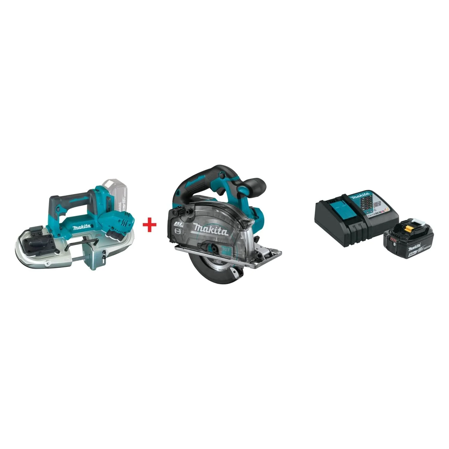 Makita 18V LXT Lithium-Ion Compact Brushless Cordless Band Saw, 5-7/8" Metal Cutting Saw, and 18V 5.0Ah Battery and Charger Starter Pack - Image 1