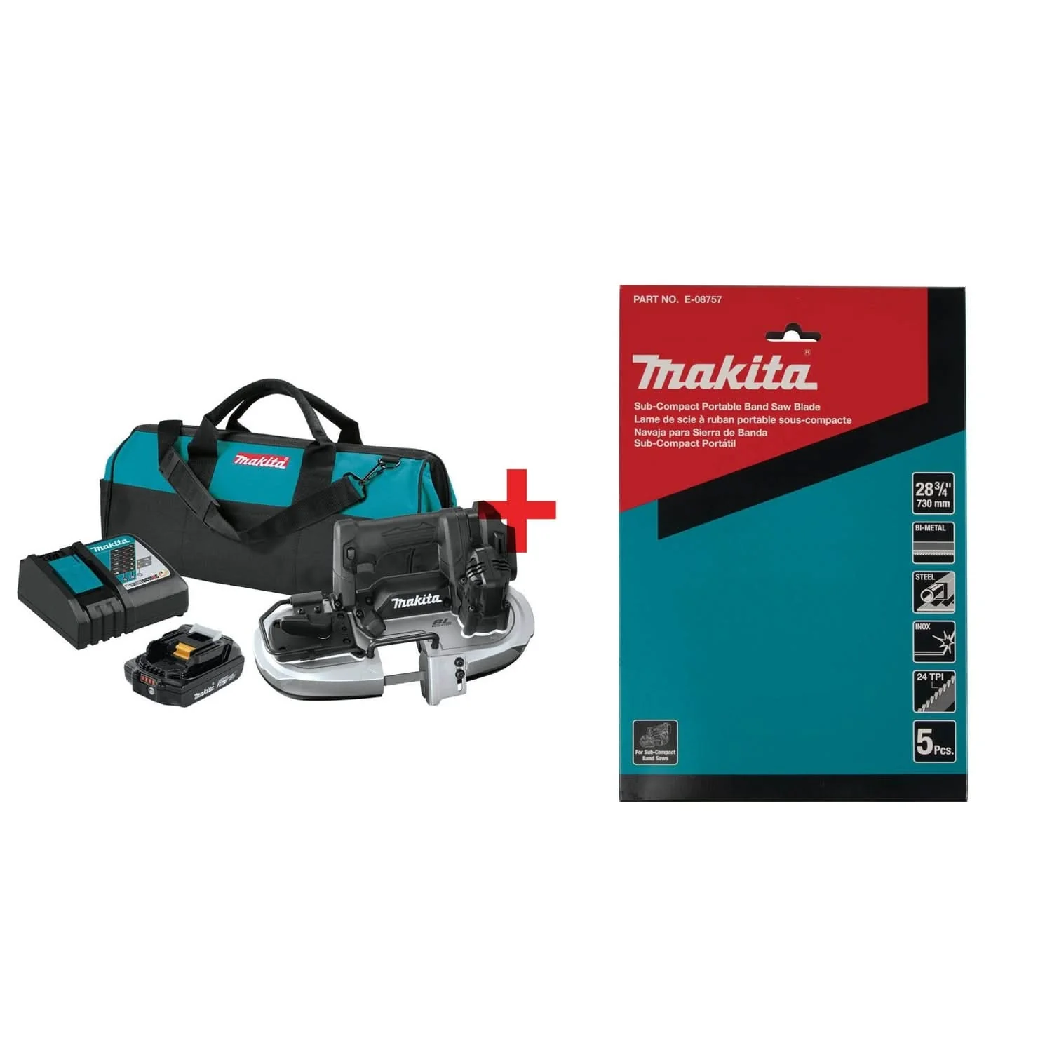 Makita 18V LXT Lithium-Ion Sub-Compact Brushless Cordless Band Saw 2.0Ah Kit plus 28-3/4-Inch 24 TPI Saw Blade, 5-Pack - Image 1