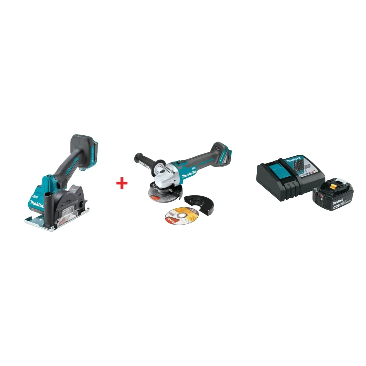 Makita 18V LXT Lithium-Ion Brushless Cordless 3" Cut-Off Tool, 4-1/2 / 5" Cut-Off/Angle Grinder, and 18V 5.0Ah Battery and Charger Starter Pack - Image 1