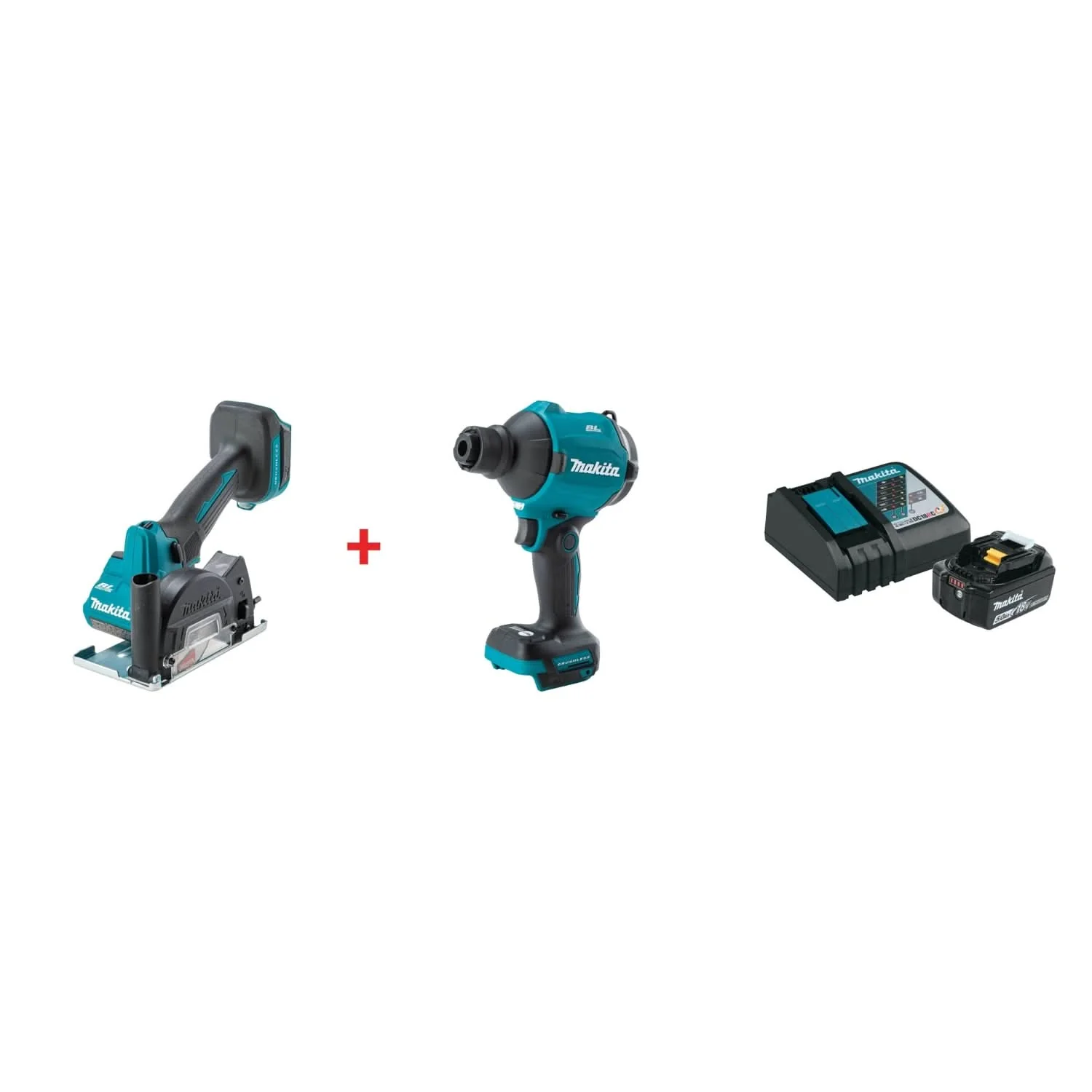 Makita 18V LXT Lithium-Ion Brushless Cordless 3" Cut-Off Tool, High Speed Blower/Inflator, and 18V 5.0Ah Battery and Charger Starter Pack - Image 1