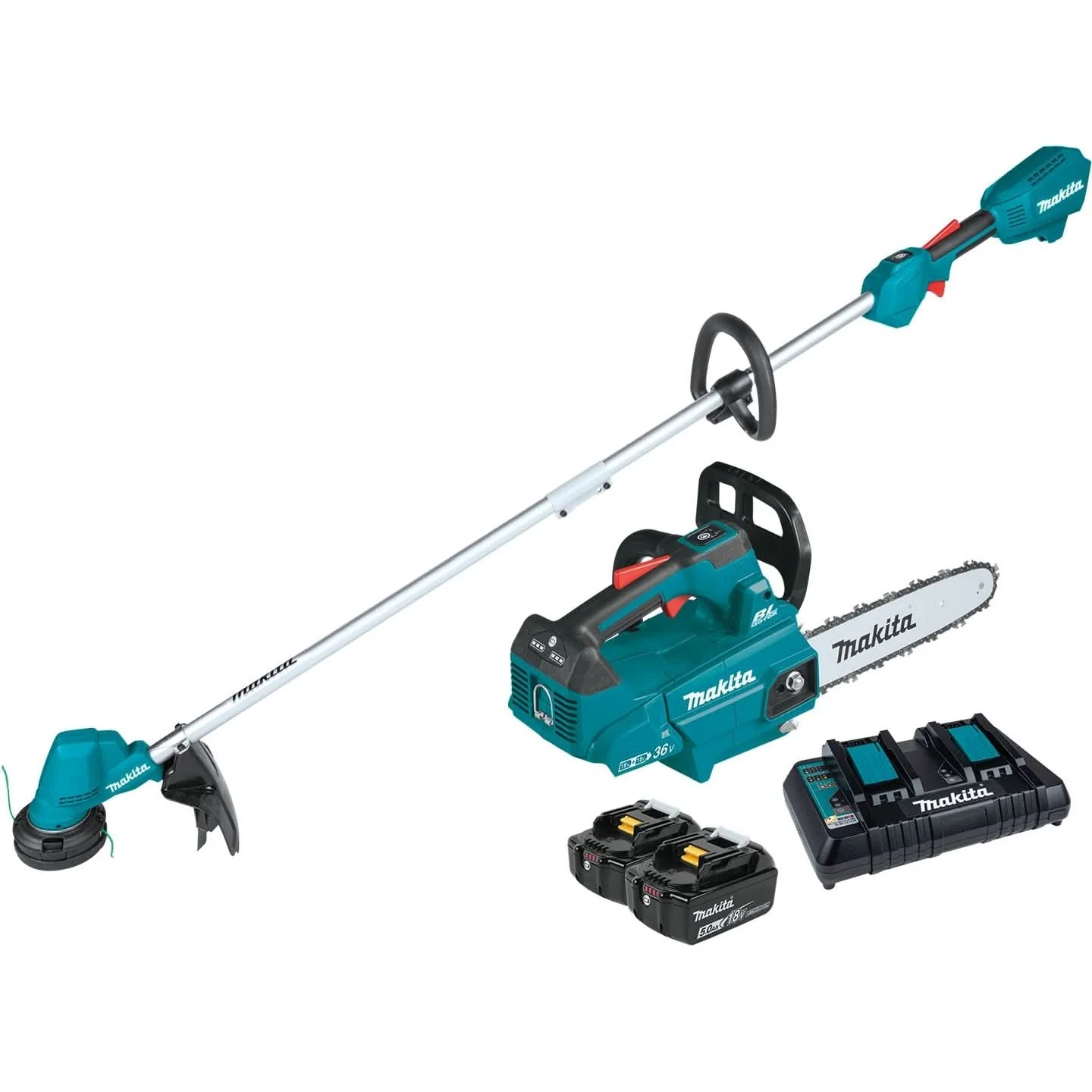 Makita XCU08PT-XRU23Z 18V X2 (36V) LXT Brushless 14-in Top Handle Chain Saw and 13-in String Trimmer 5.0Ah Kit - Image 1