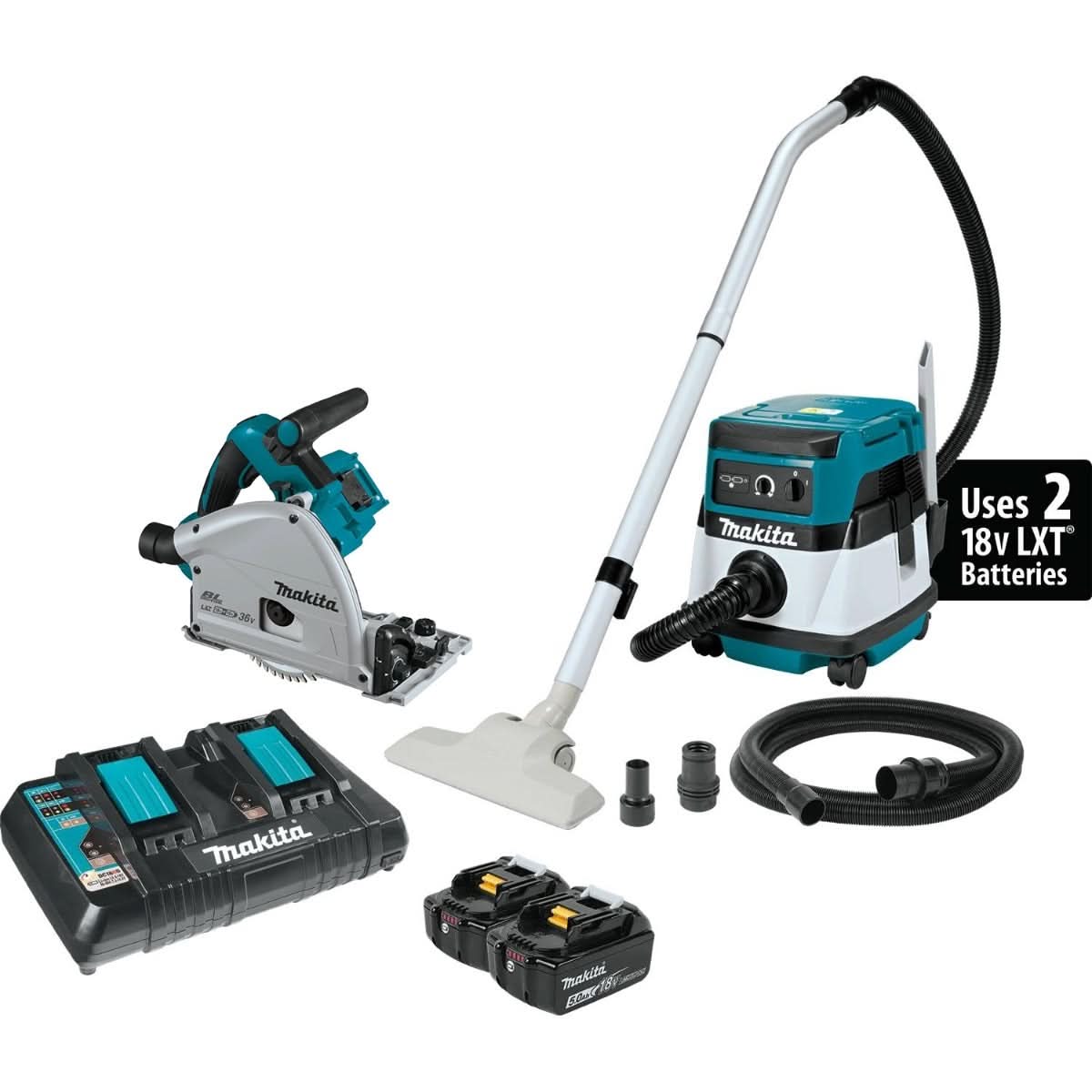 Makita 36V (18V X2) LXT Corded 2.1 Gallon HEPA Filter Dry Dust Extractor/Vacuum and Plunge Circular Saw Kit (5.0Ah) - Image 1