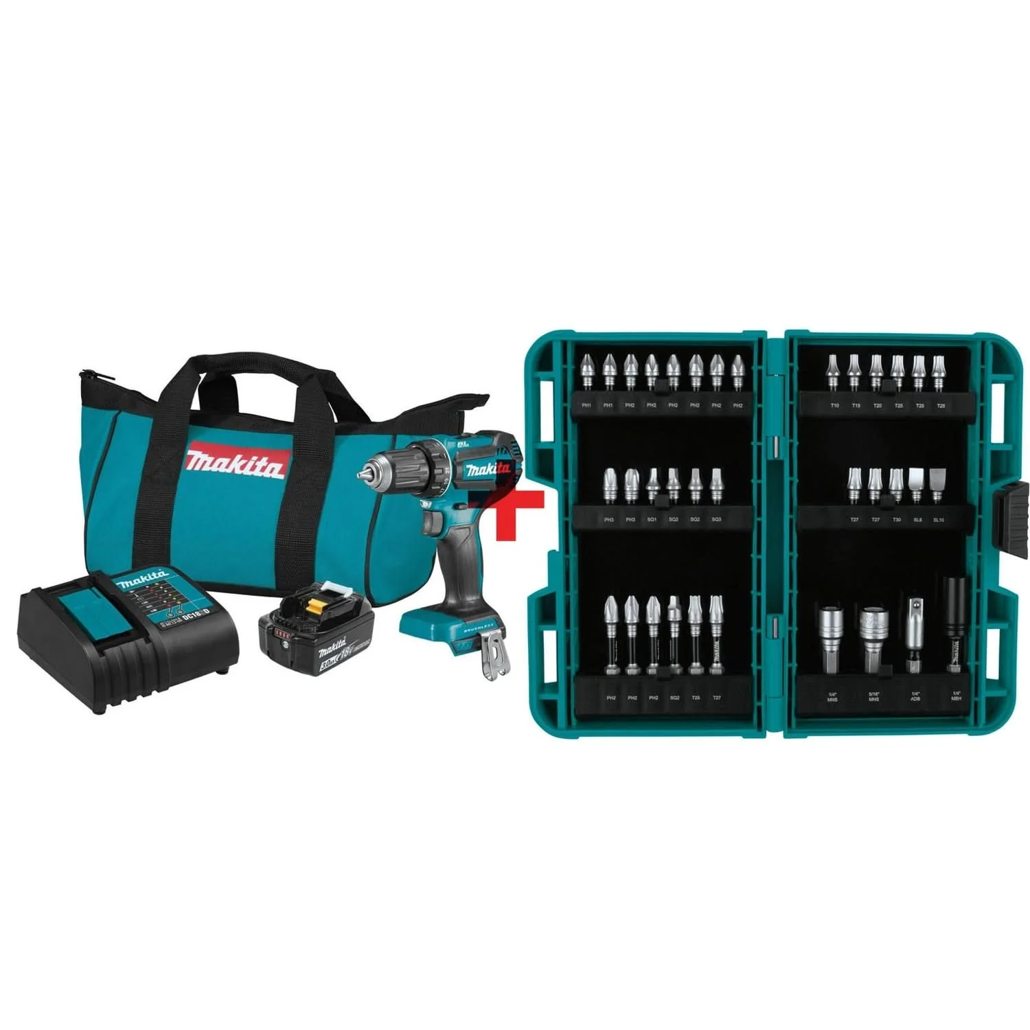 Makita 18V LXT Compact Brushless 1/2 in. Driver-Drill 3.0Ah Kit plus Impact XPS 35-Piece Impact Bit Set - Image 1
