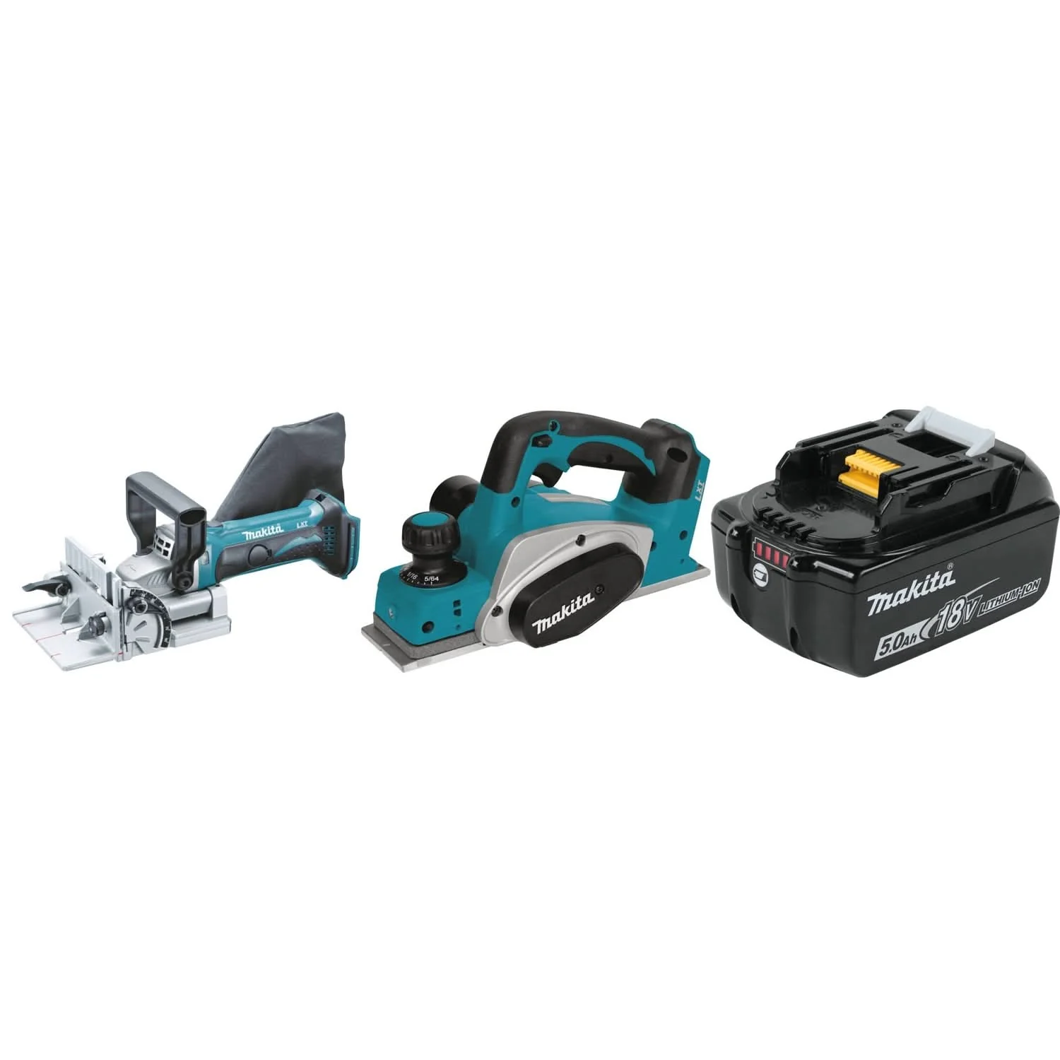 Makita 18V Cordless Plate Joiner, 18V LXT Cordless 3-1/4" Planer, and 18V LXT 5.0aH Battery - Image 1