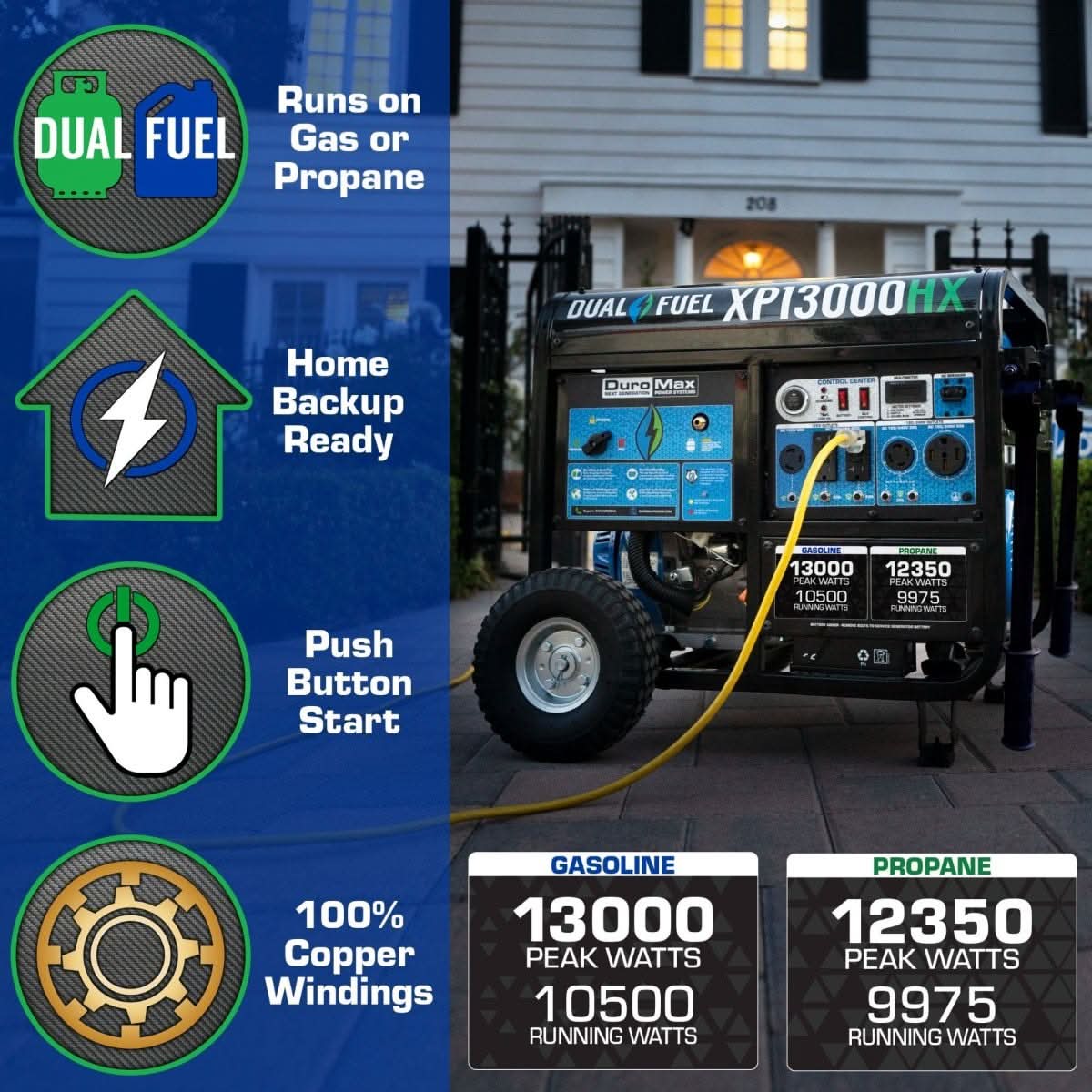 DuroMax XP13000HX 13000-Watt 500cc Dual Fuel Gas Propane Portable Generator with CO Alert - Image 3