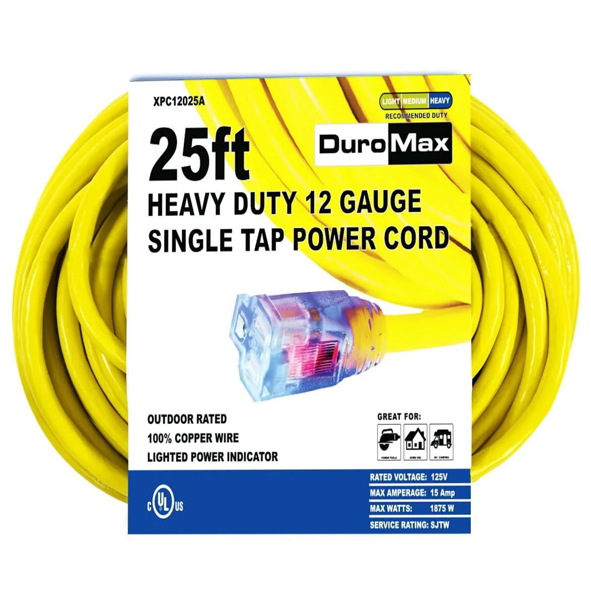 DuroMax XPC12025A 25-Foot 12-Gauge Single Tap Extension Power Cord - Image 1