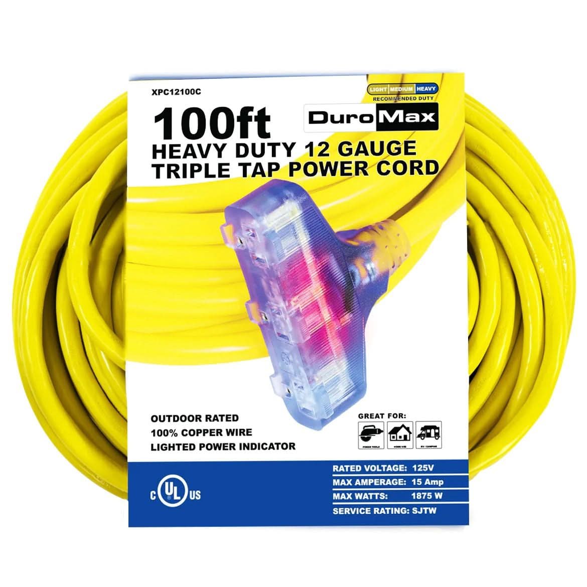 DuroMax XPC12100C 100-Foot 12-Gauge Triple Tap Extension Power Cord - Image 1
