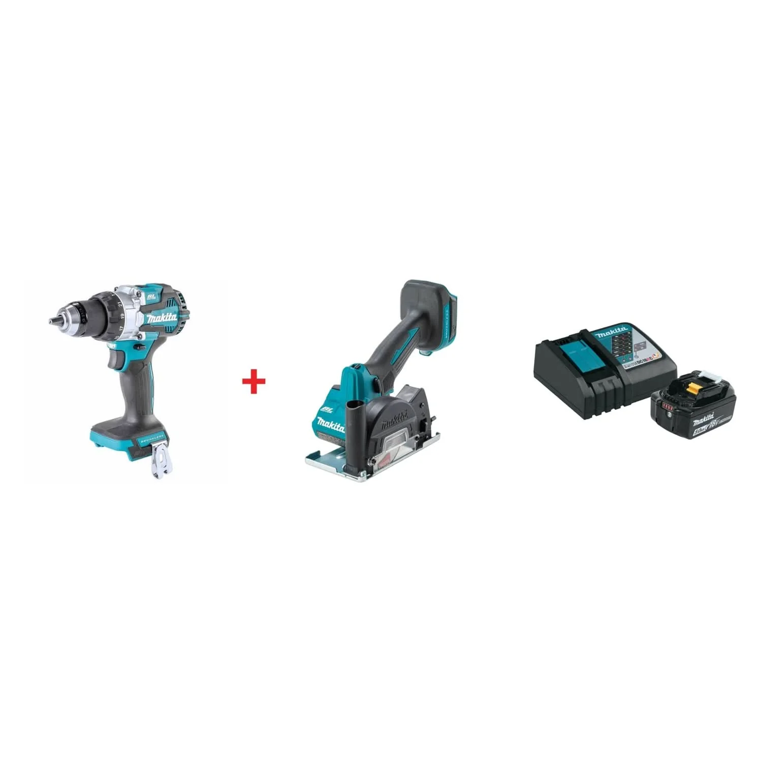 Makita 18V LXT Lithium-Ion Brushless 1/2 in. Hammer Driver Drill, 3" Cut-Off Tool, and 18V 5.0Ah Battery and Charger Starter Pack - Image 1