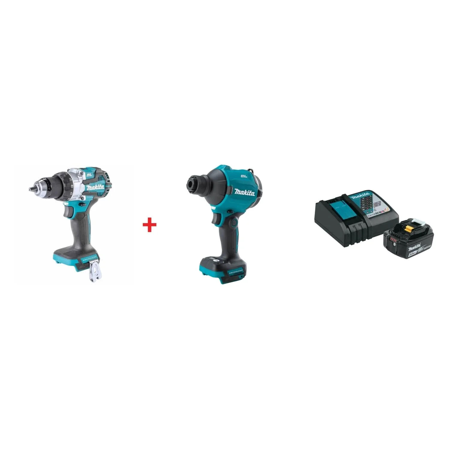 Makita 18V LXT Lithium-Ion Brushless 1/2 in. Hammer Driver Drill, High Speed Blower/Inflator, and 18V 5.0Ah Battery and Charger Starter Pack - Image 1