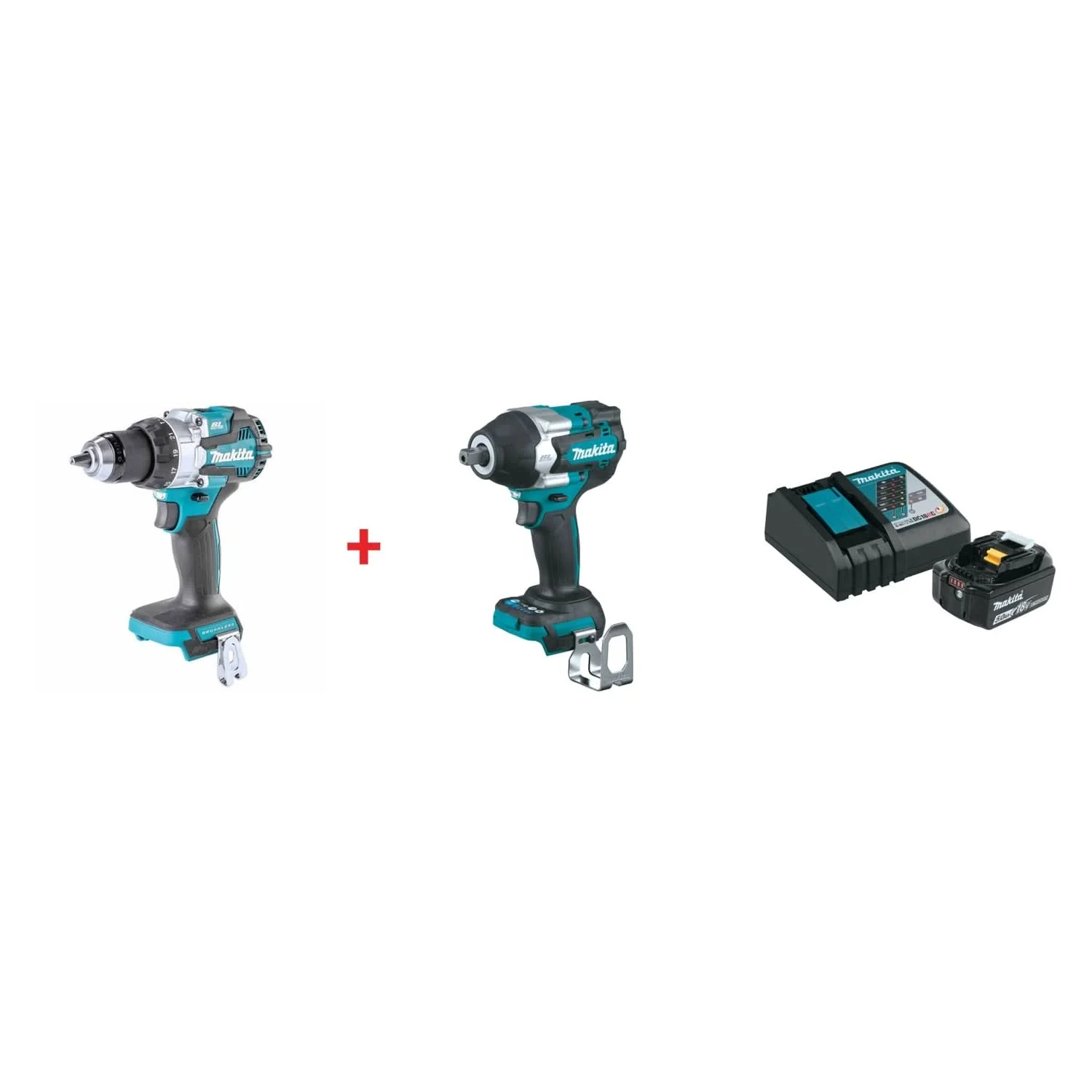 Makita 18V LXT Lithium-Ion Brushless 1/2 in. Hammer Driver Drill, 1/2-Inch Sq. Drive Impact Wrench, and 18V 5.0Ah Battery and Charger Starter Pack - Image 1