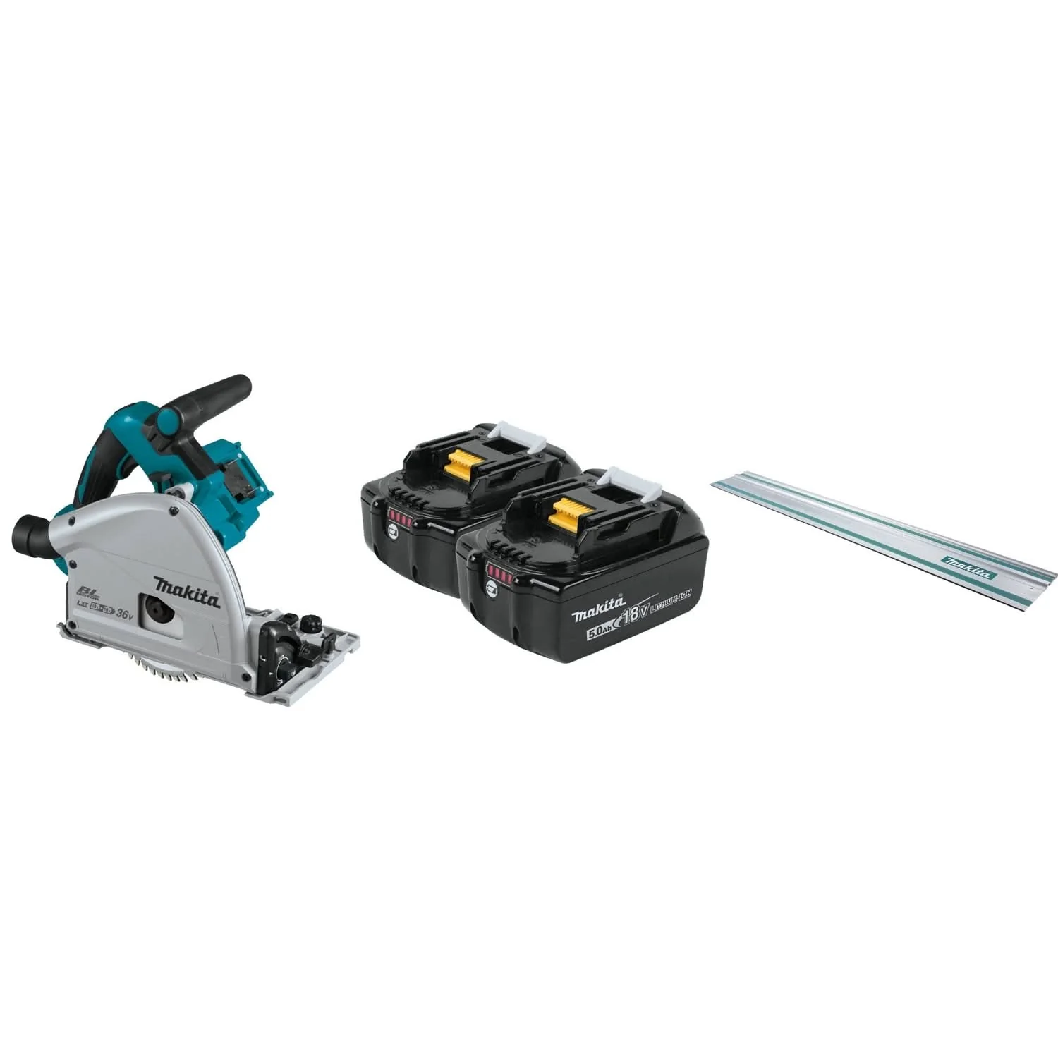 Makita Cordless Brushless 36V LXT 6-1/2″ Track Saw with 18V Batteries, 2-Pack and 55 Inch Guide Rail for Track Saws