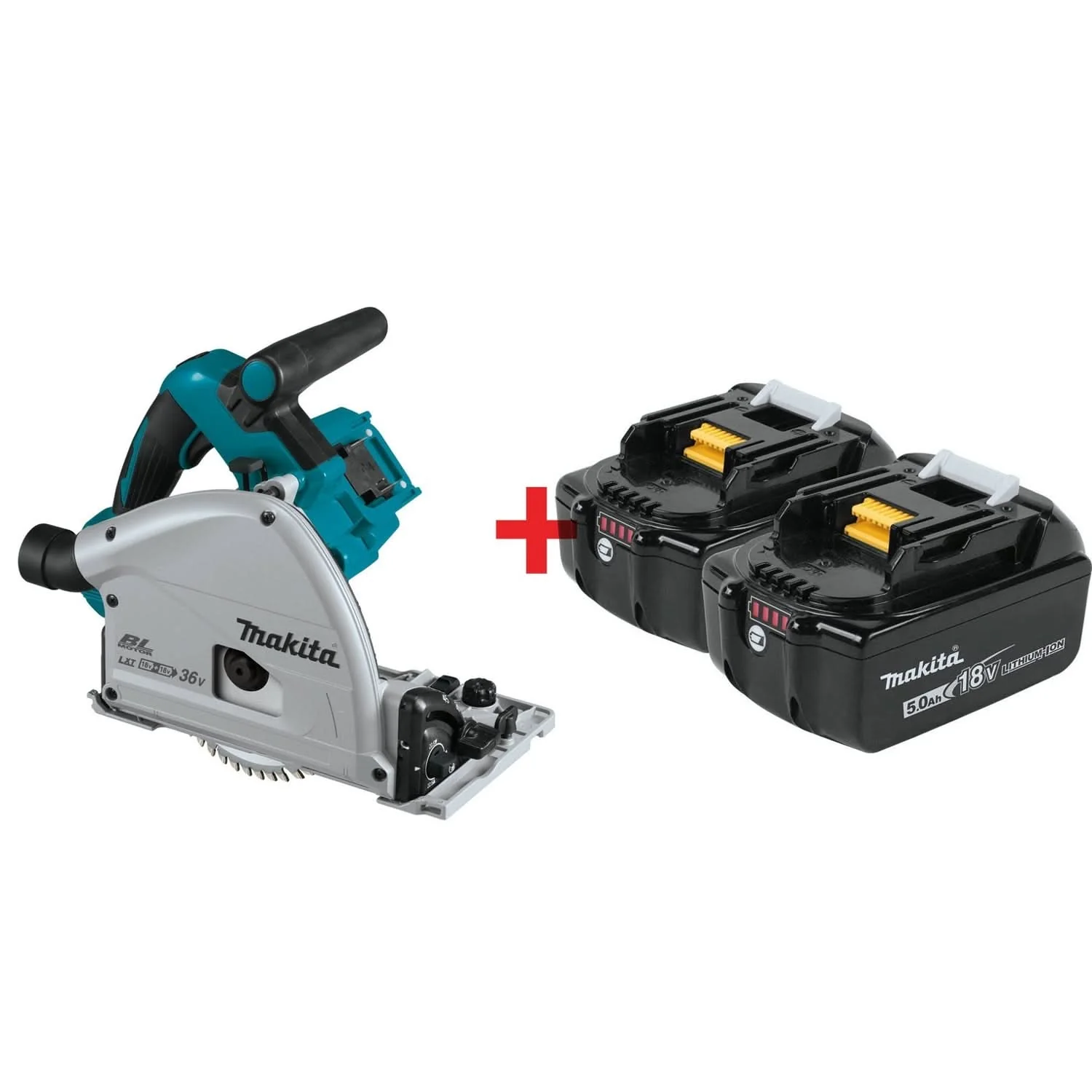 Makita Cordless Brushless 36V LXT 6-1/2″ Track Saw with 18V LXT 5.0AH Batteries, 2-Pack