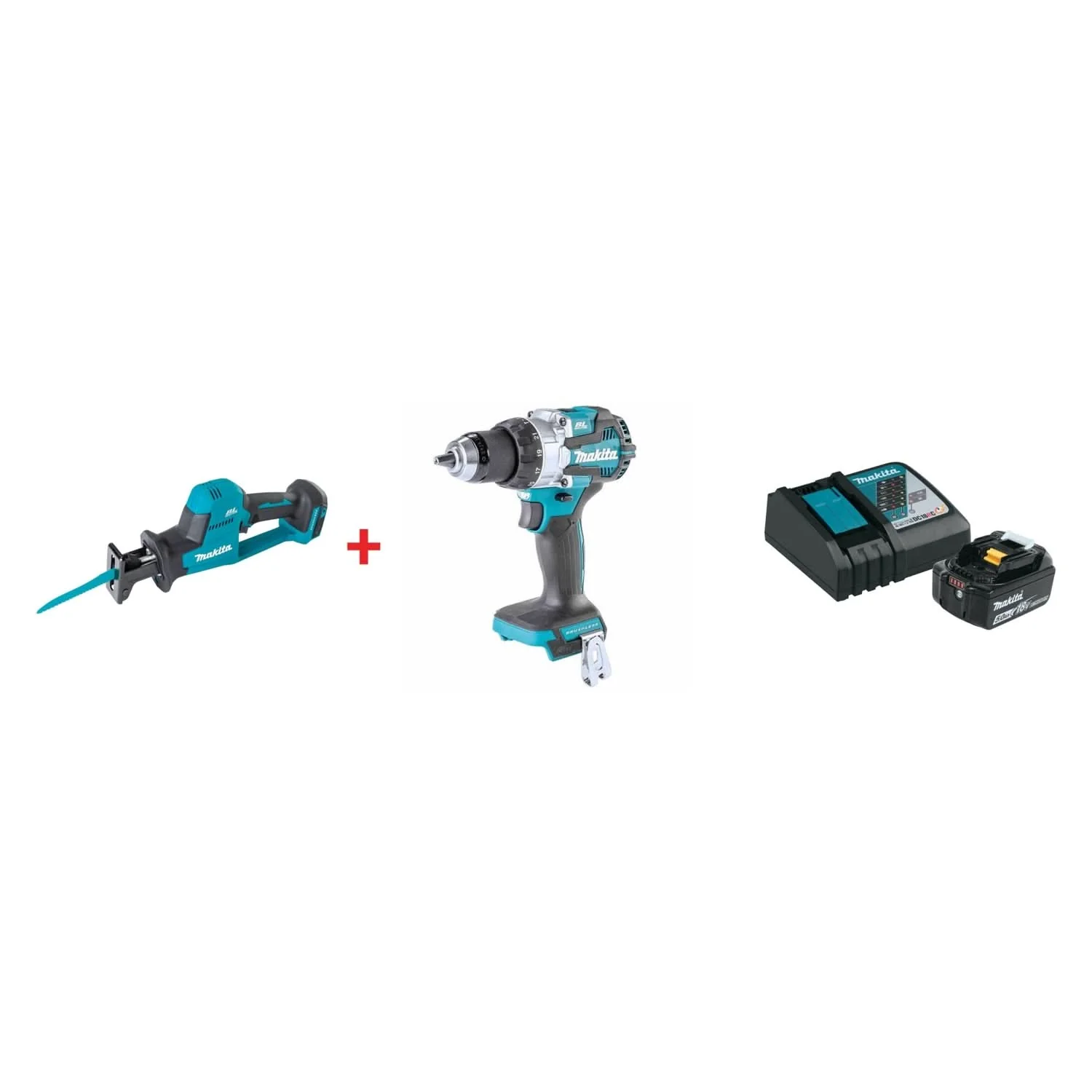 Makita 18V LXT Lithium-Ion Brushless Cordless Compact One-Handed Recipro Saw, 1/2 in. Hammer Driver Drill, and 18V 5.0Ah Battery and Charger Starter Pack - Image 1