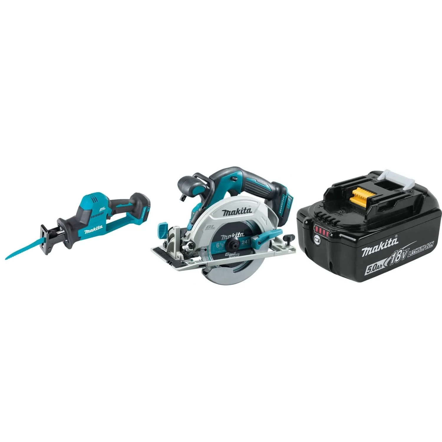 Makita 18V LXT Lithium-Ion Brushless Cordless Compact One-Handed Recipro Saw, 18V LXT Brushless Cordless 6-1/2" Circular Saw, and 18V LXT 5.0aH Battery - Image 1