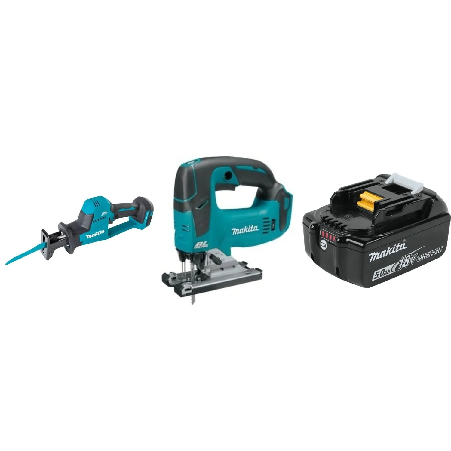 Makita 18V LXT Lithium-Ion Brushless Cordless Compact One-Handed Recipro Saw, 18V LXT Jigsaw, and 18V LXT 5.0aH Battery - Image 1