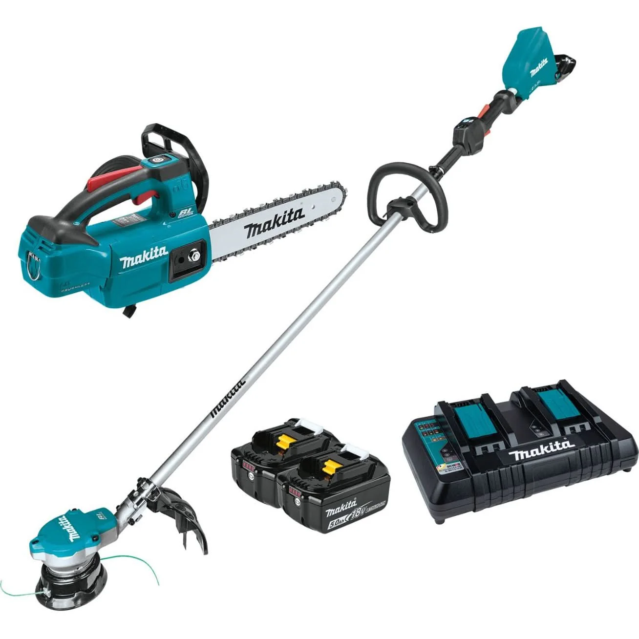 Makita XRU15PT-XCU06Z 18V X2 (36V) LXT Brushless Cordless String Trimmer and 10-in Top Handle Chain Saw 5.0Ah Kit - Image 1