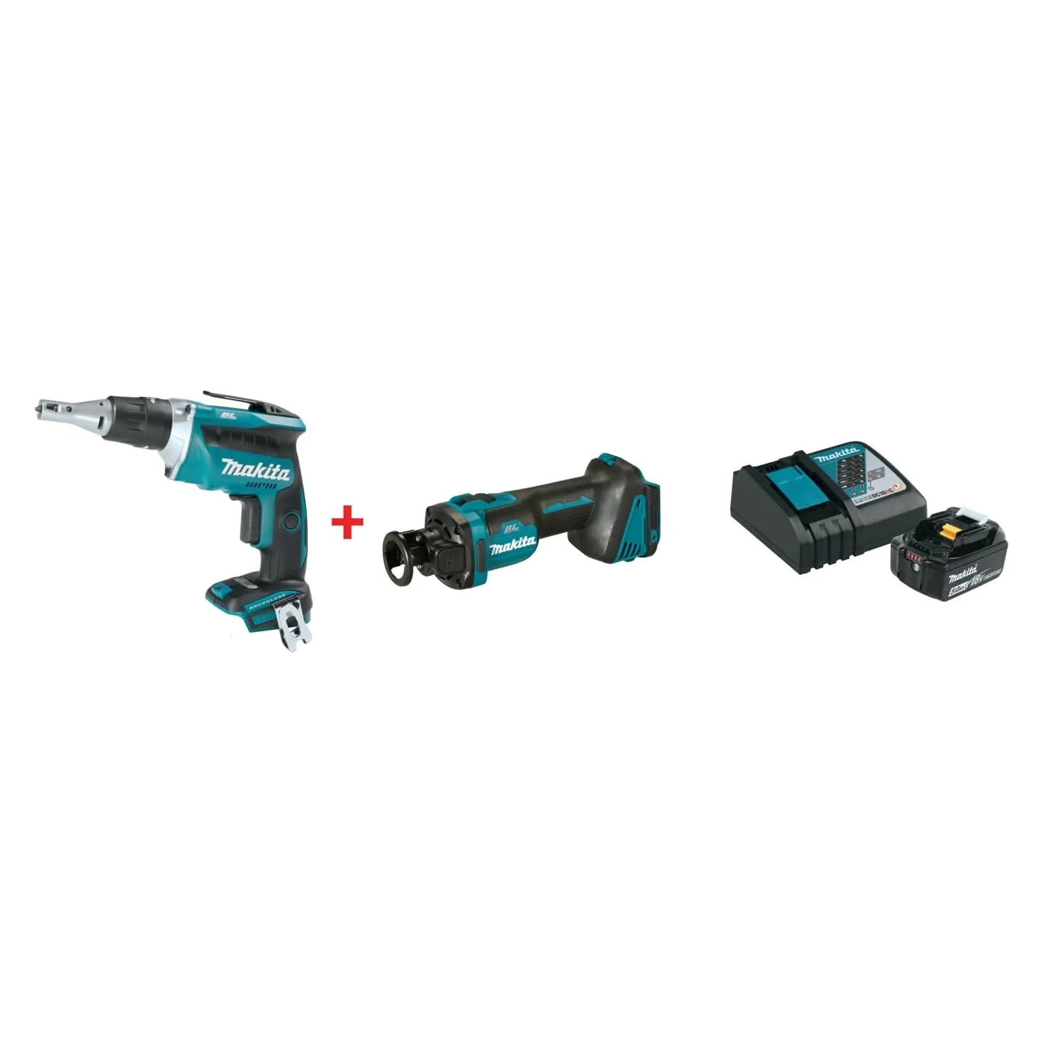 Makita 18V LXT Cordless Brushless Drywall Screwdriver, Cut-Out Tool, and 18V 5.0Ah Battery and Charger Starter Pack - Image 1